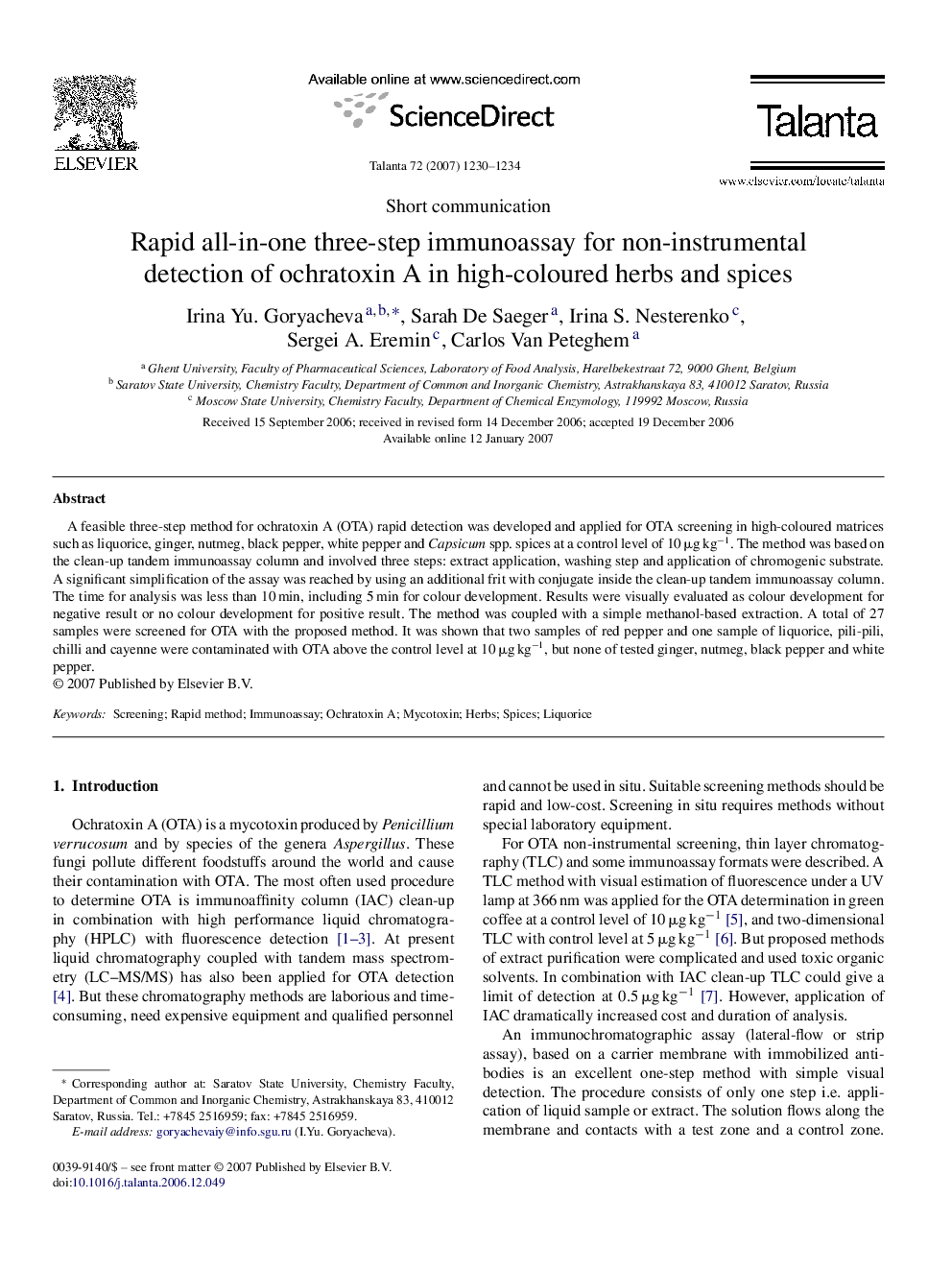 Rapid all-in-one three-step immunoassay for non-instrumental detection of ochratoxin A in high-coloured herbs and spices