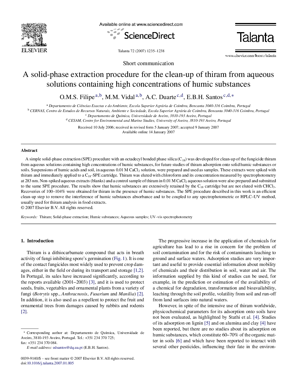 A solid-phase extraction procedure for the clean-up of thiram from aqueous solutions containing high concentrations of humic substances