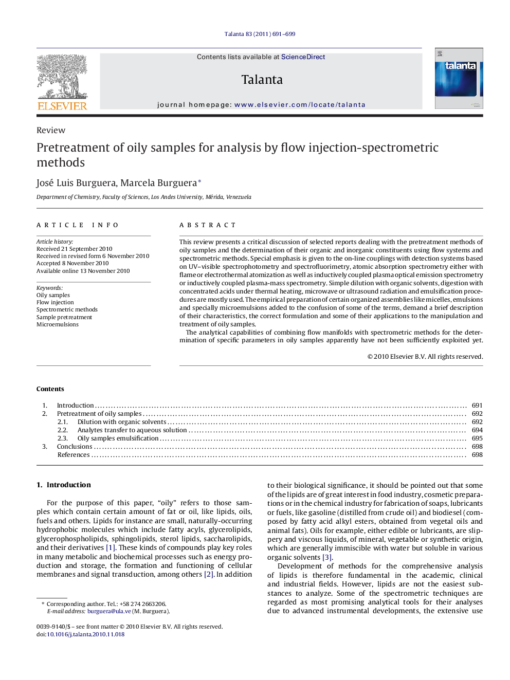 Pretreatment of oily samples for analysis by flow injection-spectrometric methods