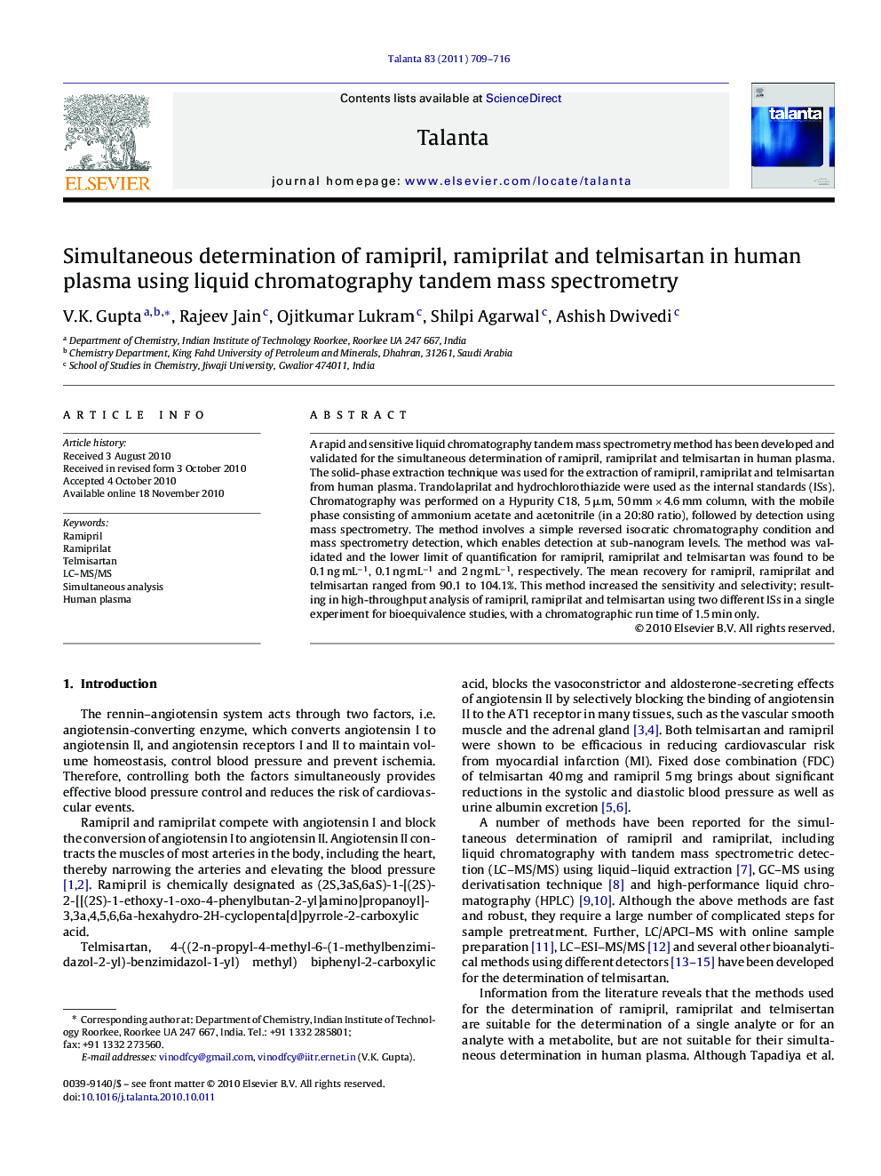 Simultaneous determination of ramipril, ramiprilat and telmisartan in human plasma using liquid chromatography tandem mass spectrometry