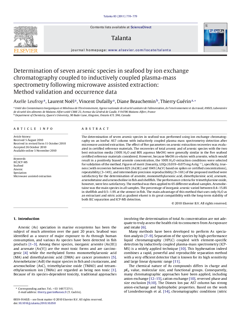 Determination of seven arsenic species in seafood by ion exchange chromatography coupled to inductively coupled plasma-mass spectrometry following microwave assisted extraction: Method validation and occurrence data