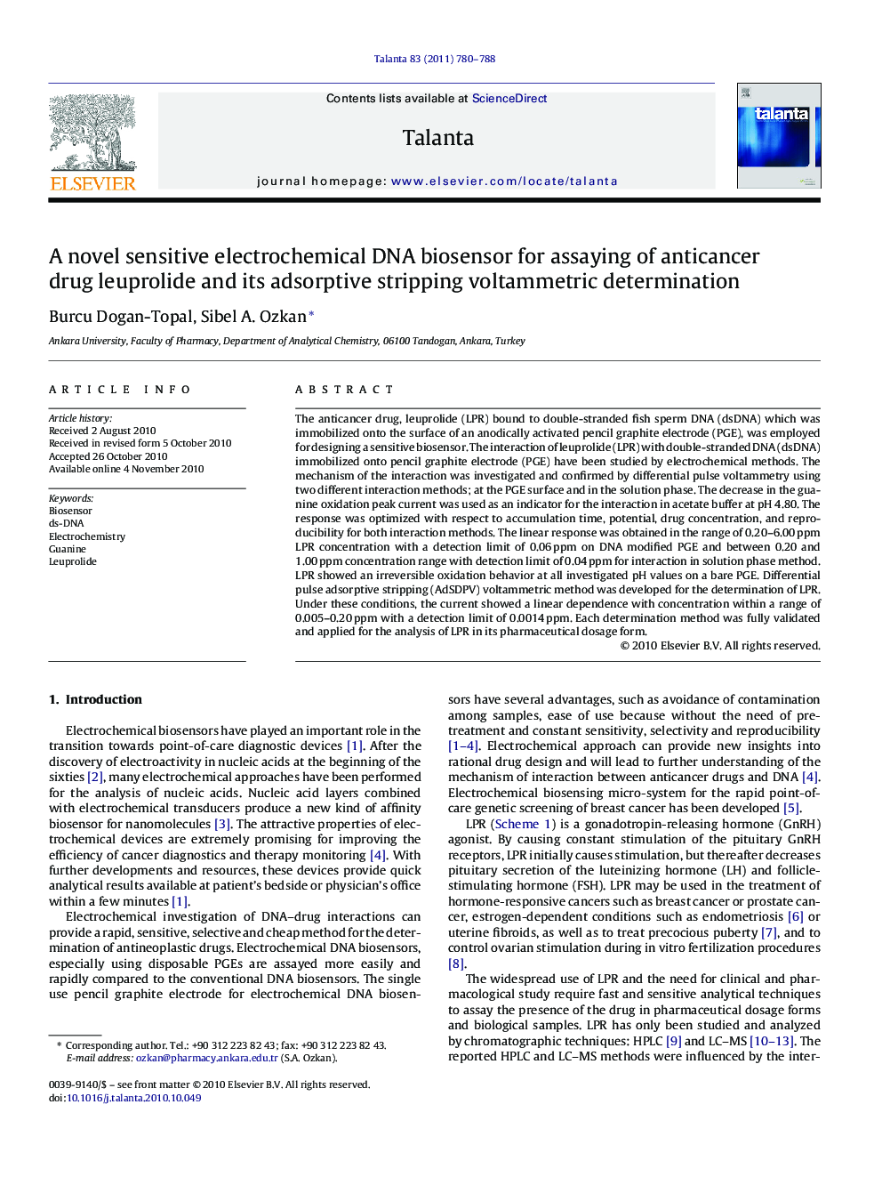 A novel sensitive electrochemical DNA biosensor for assaying of anticancer drug leuprolide and its adsorptive stripping voltammetric determination