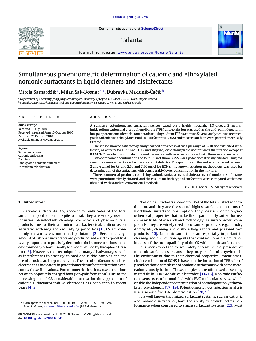 Simultaneous potentiometric determination of cationic and ethoxylated nonionic surfactants in liquid cleaners and disinfectants