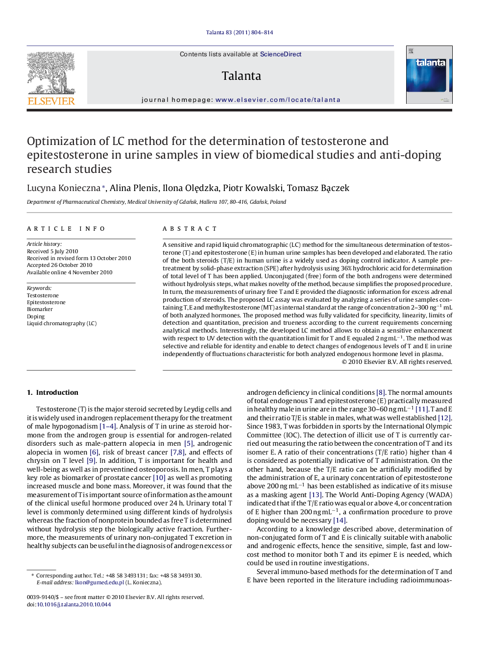 Optimization of LC method for the determination of testosterone and epitestosterone in urine samples in view of biomedical studies and anti-doping research studies