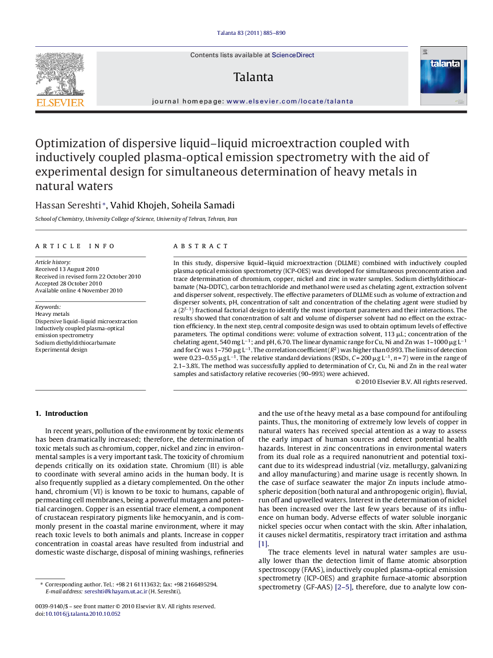 Optimization of dispersive liquid–liquid microextraction coupled with inductively coupled plasma-optical emission spectrometry with the aid of experimental design for simultaneous determination of heavy metals in natural waters