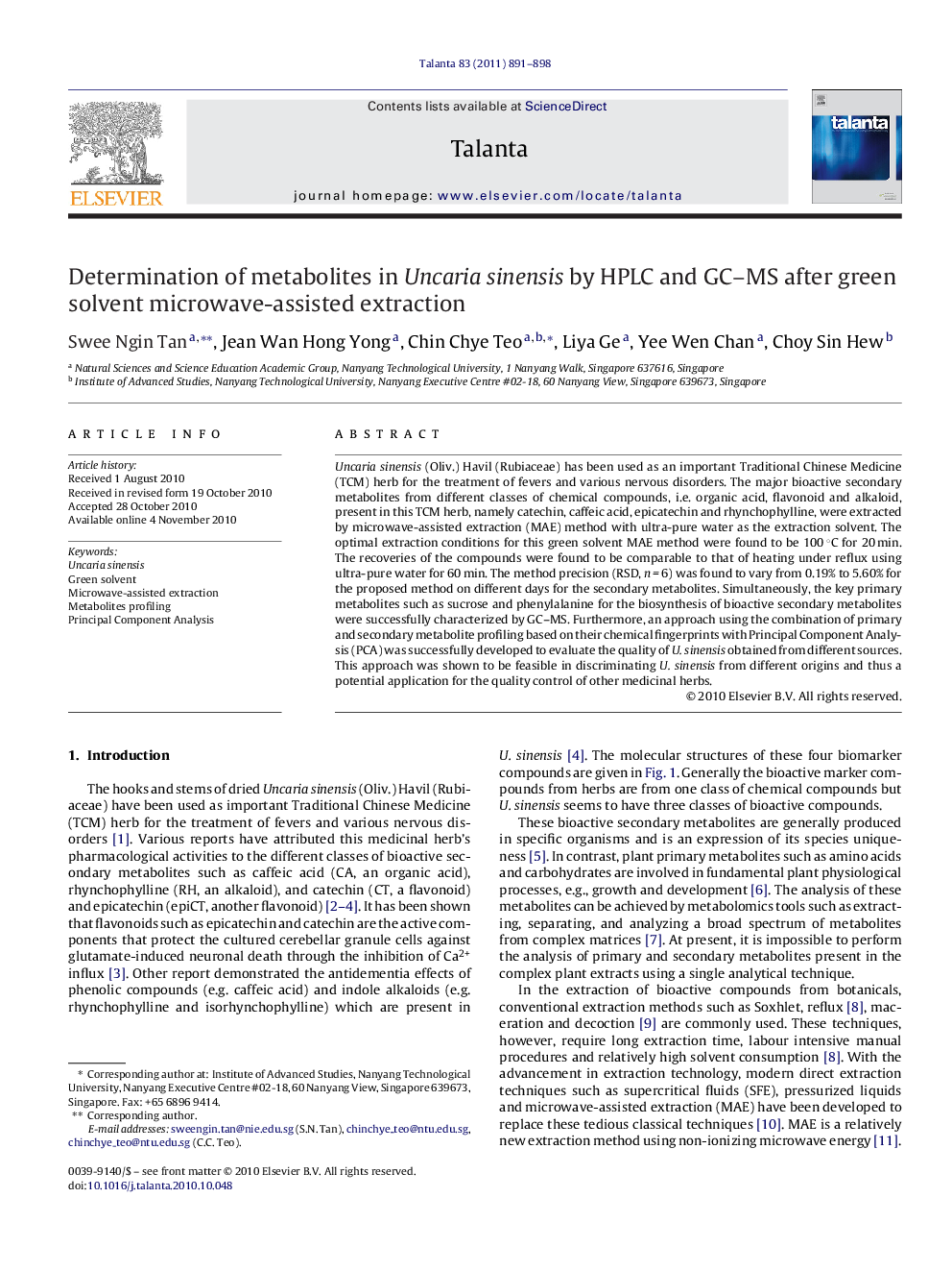 Determination of metabolites in Uncaria sinensis by HPLC and GC–MS after green solvent microwave-assisted extraction