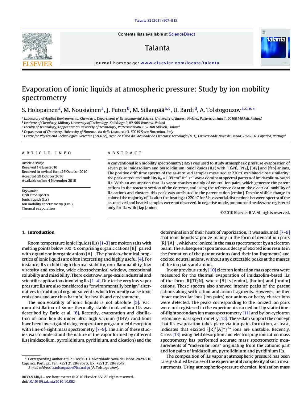 Evaporation of ionic liquids at atmospheric pressure: Study by ion mobility spectrometry