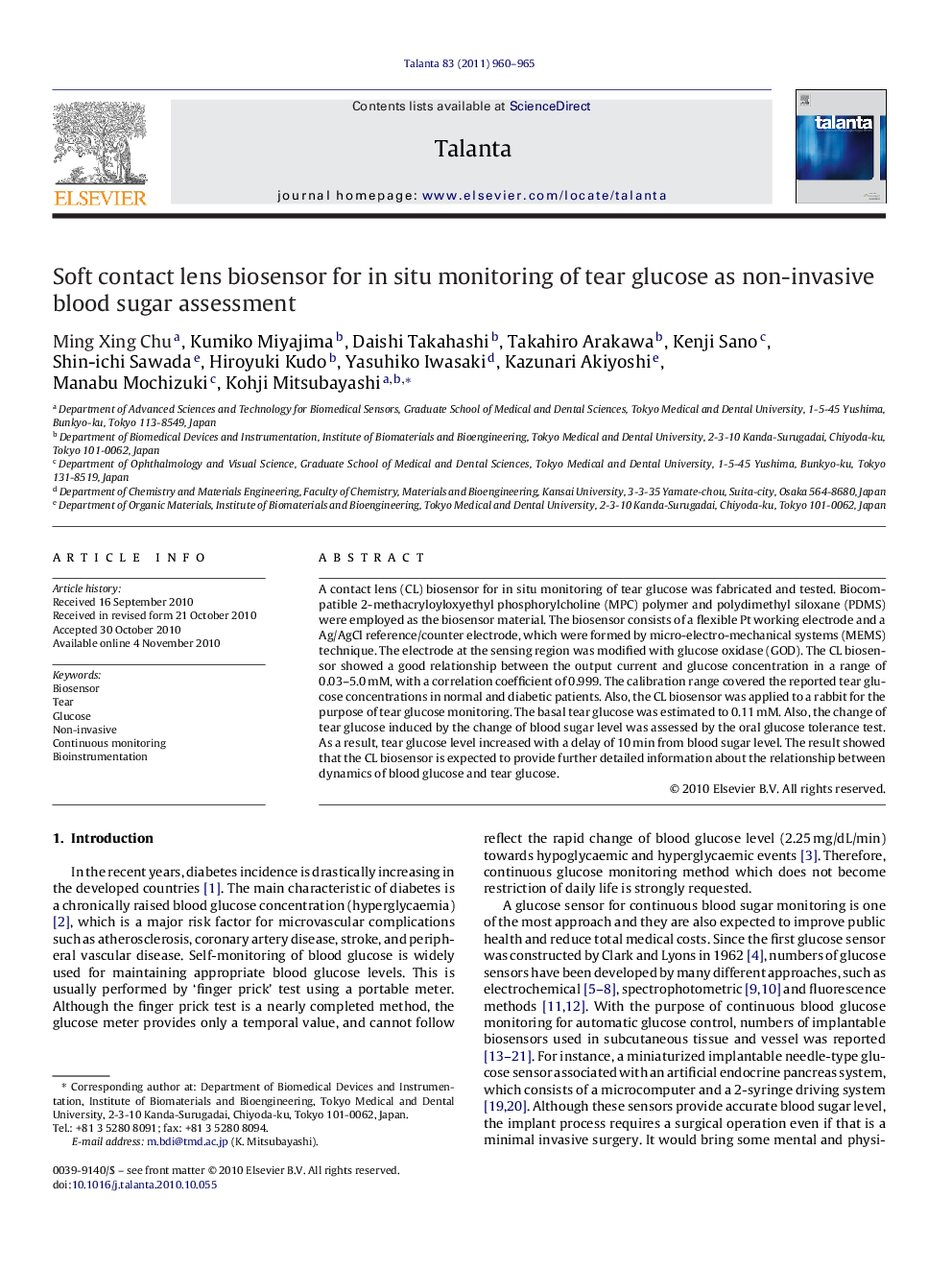 Soft contact lens biosensor for in situ monitoring of tear glucose as non-invasive blood sugar assessment