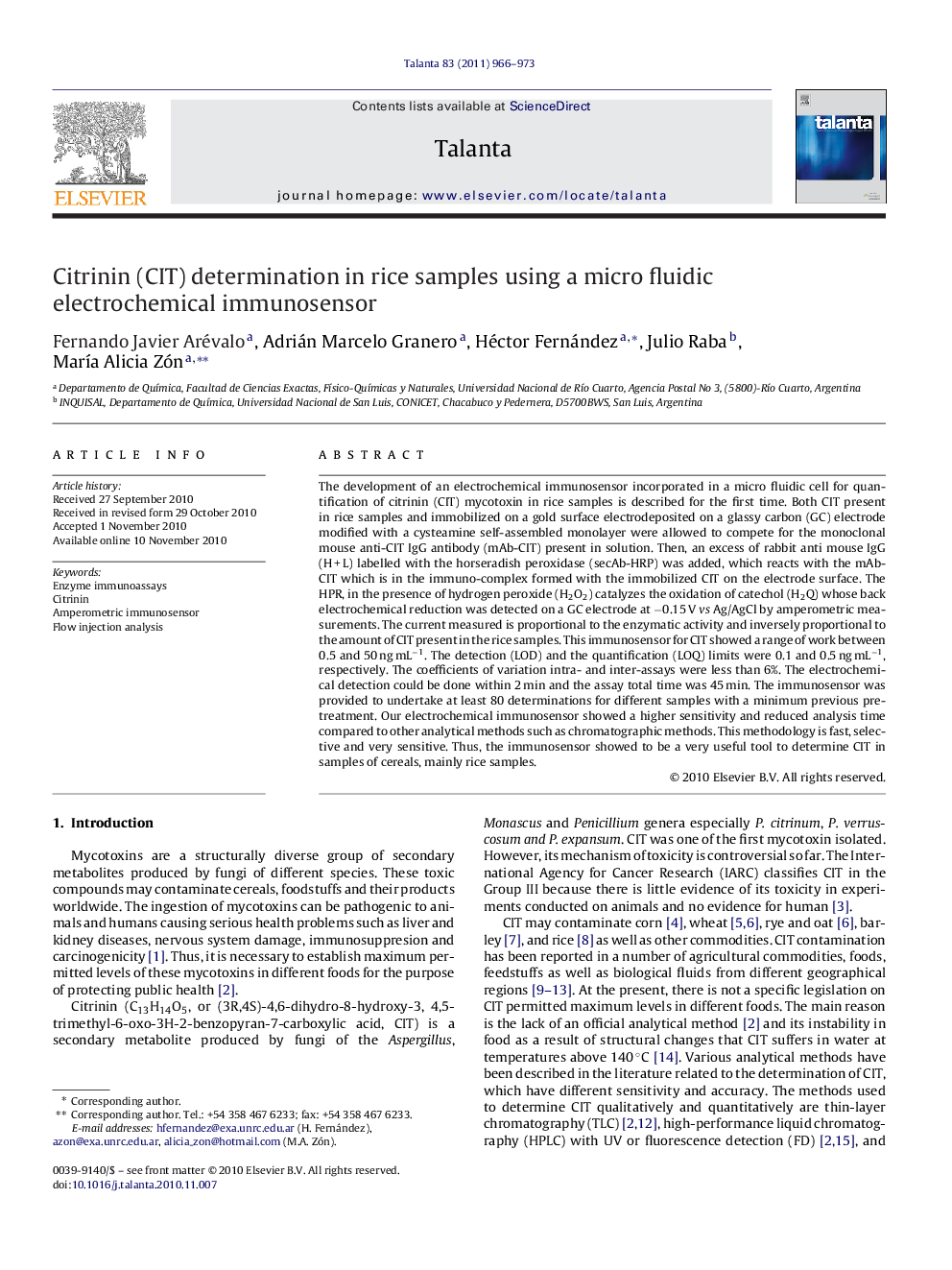 Citrinin (CIT) determination in rice samples using a micro fluidic electrochemical immunosensor