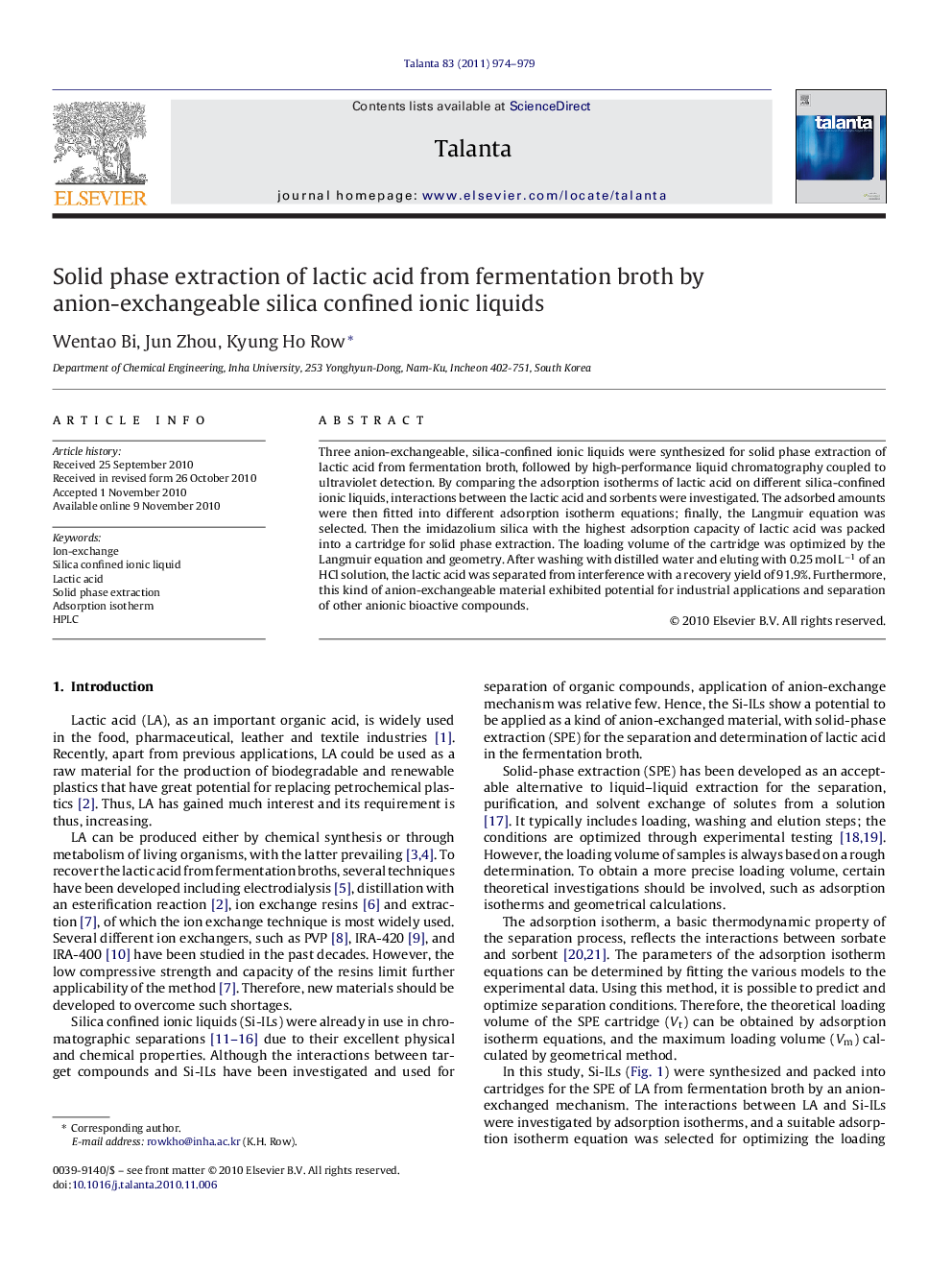 Solid phase extraction of lactic acid from fermentation broth by anion-exchangeable silica confined ionic liquids