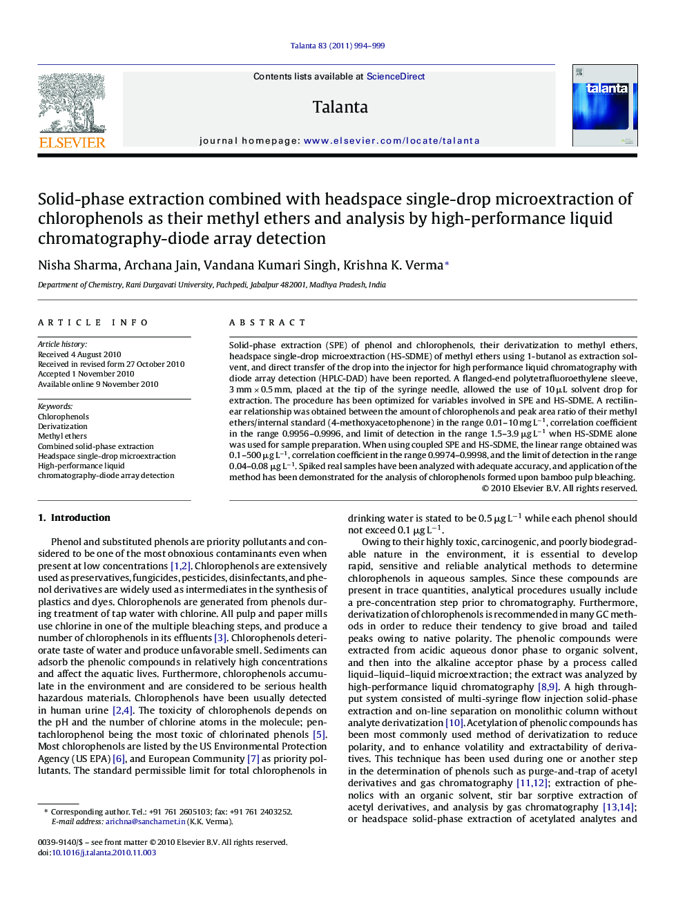 Solid-phase extraction combined with headspace single-drop microextraction of chlorophenols as their methyl ethers and analysis by high-performance liquid chromatography-diode array detection