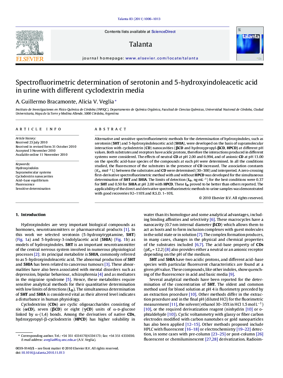 Spectrofluorimetric determination of serotonin and 5-hydroxyindoleacetic acid in urine with different cyclodextrin media