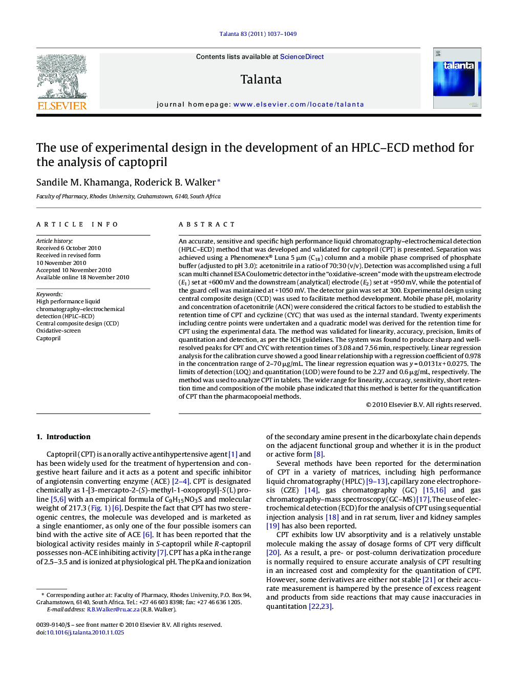 The use of experimental design in the development of an HPLC–ECD method for the analysis of captopril