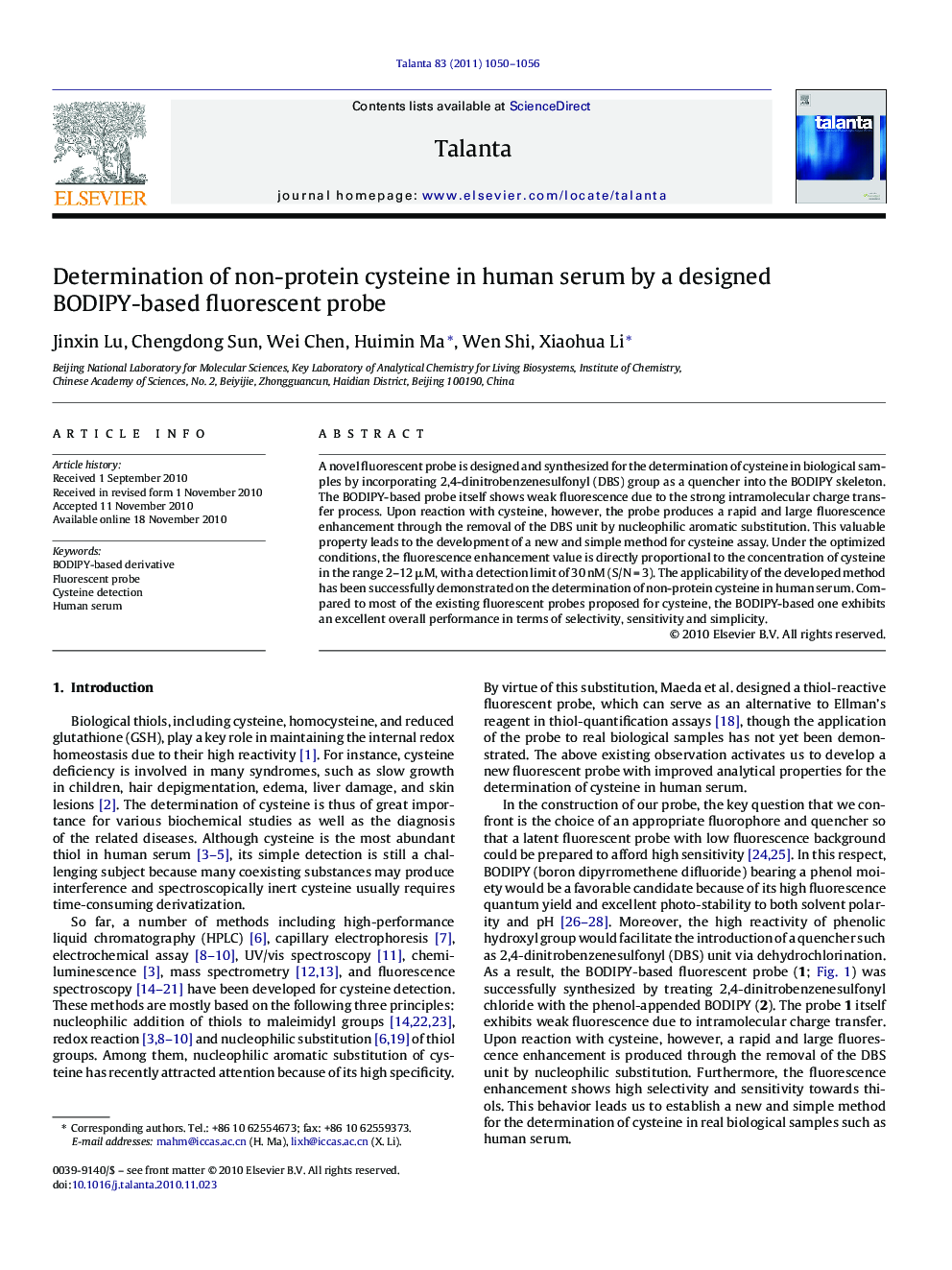 Determination of non-protein cysteine in human serum by a designed BODIPY-based fluorescent probe