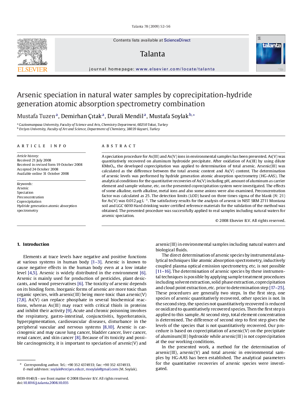 Arsenic speciation in natural water samples by coprecipitation-hydride generation atomic absorption spectrometry combination