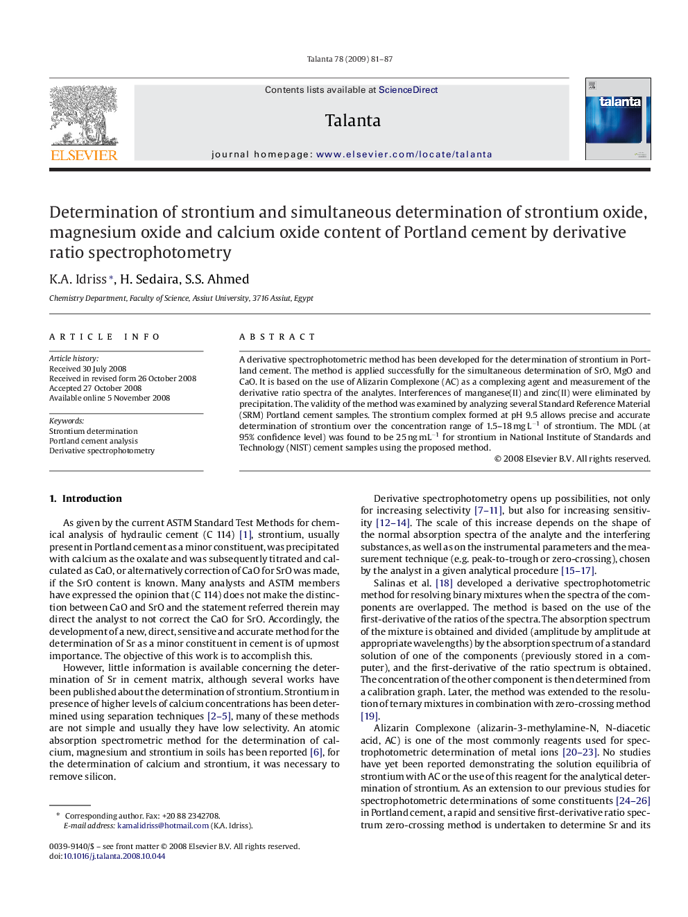 Determination of strontium and simultaneous determination of strontium oxide, magnesium oxide and calcium oxide content of Portland cement by derivative ratio spectrophotometry