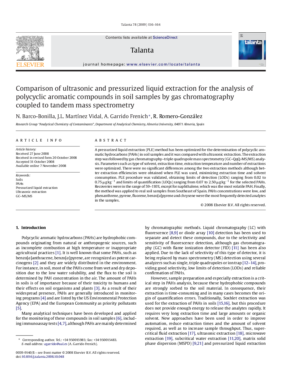 Comparison of ultrasonic and pressurized liquid extraction for the analysis of polycyclic aromatic compounds in soil samples by gas chromatography coupled to tandem mass spectrometry