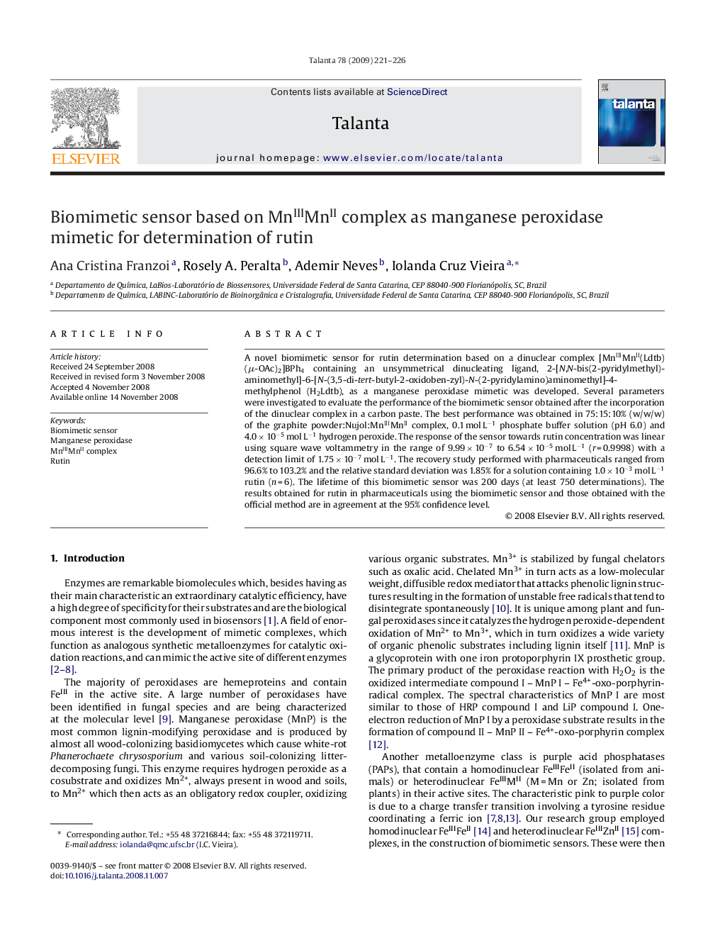 Biomimetic sensor based on MnIIIMnII complex as manganese peroxidase mimetic for determination of rutin