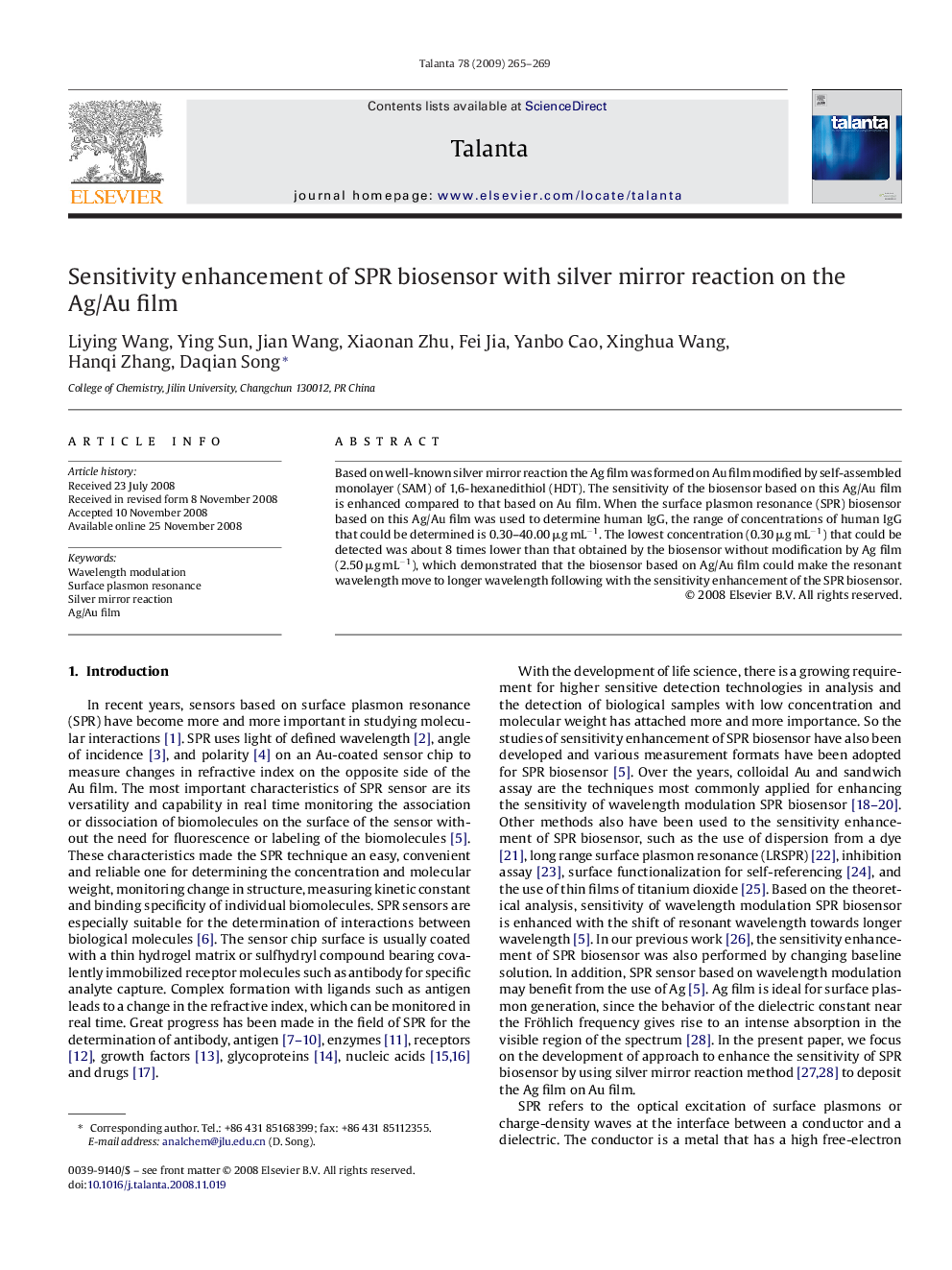 Sensitivity enhancement of SPR biosensor with silver mirror reaction on the Ag/Au film