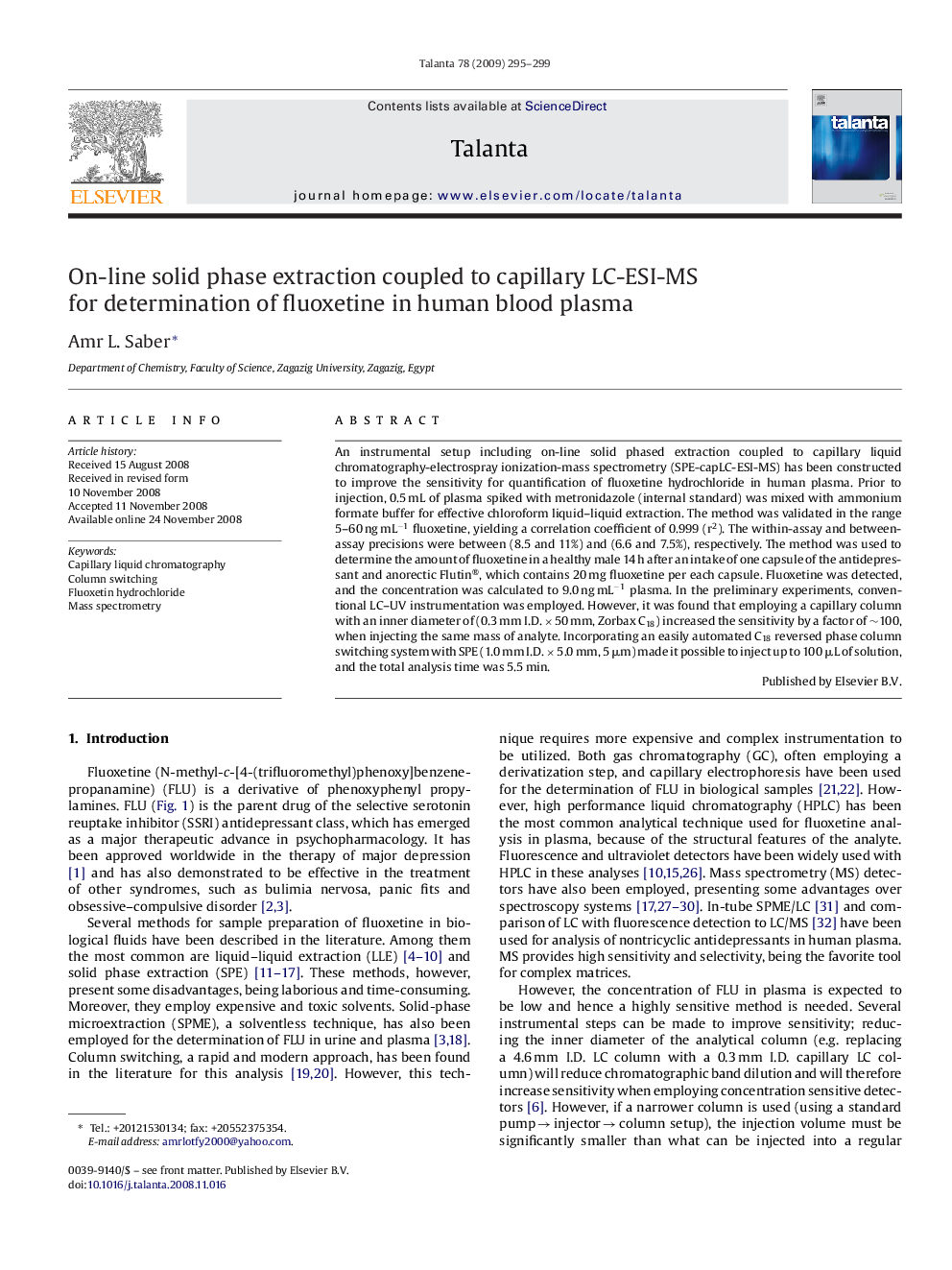 On-line solid phase extraction coupled to capillary LC-ESI-MS for determination of fluoxetine in human blood plasma