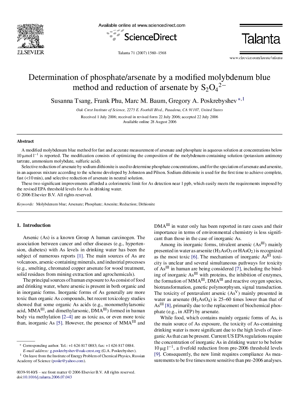 Determination of phosphate/arsenate by a modified molybdenum blue method and reduction of arsenate by S2O42−