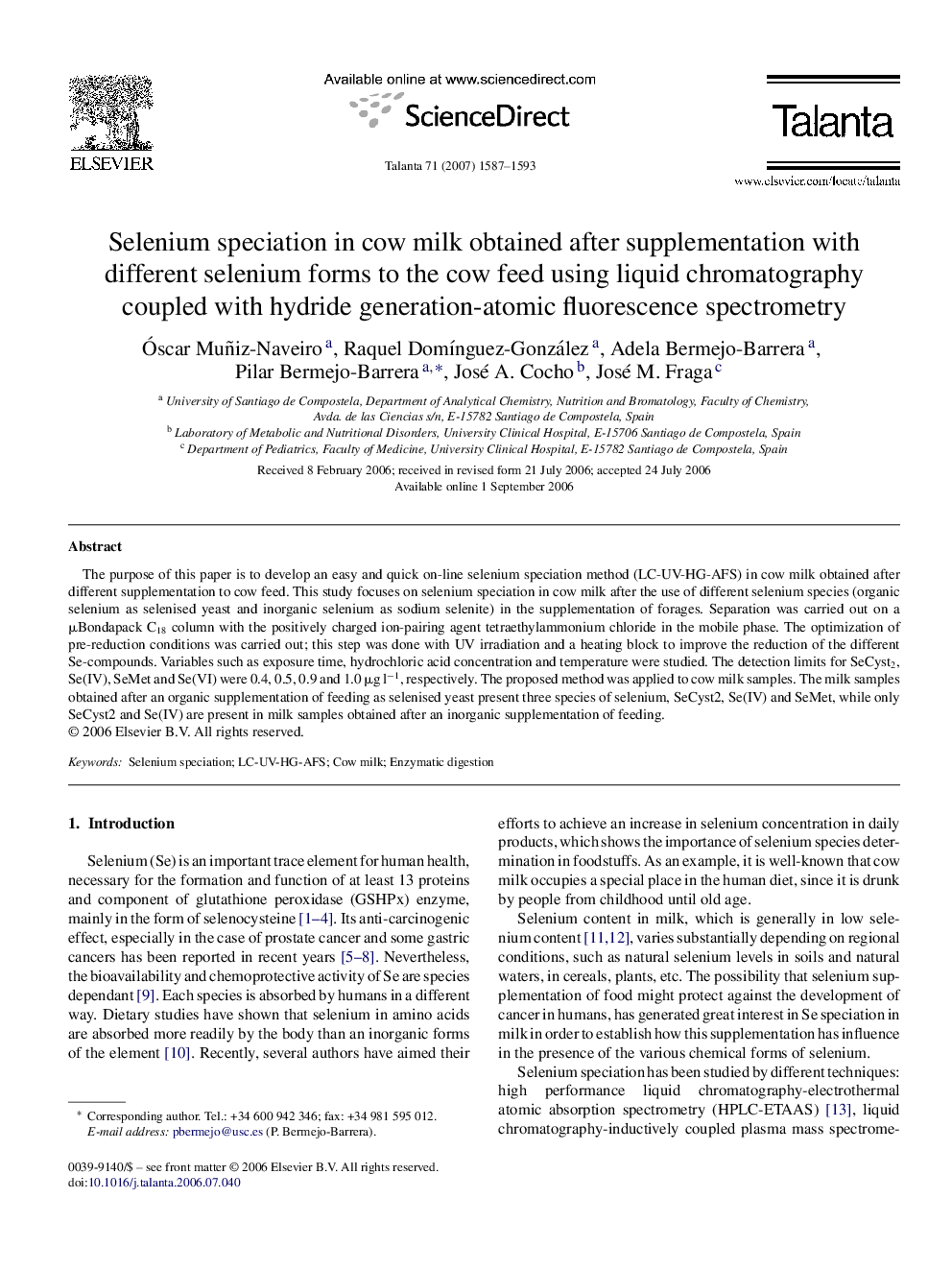 Selenium speciation in cow milk obtained after supplementation with different selenium forms to the cow feed using liquid chromatography coupled with hydride generation-atomic fluorescence spectrometry