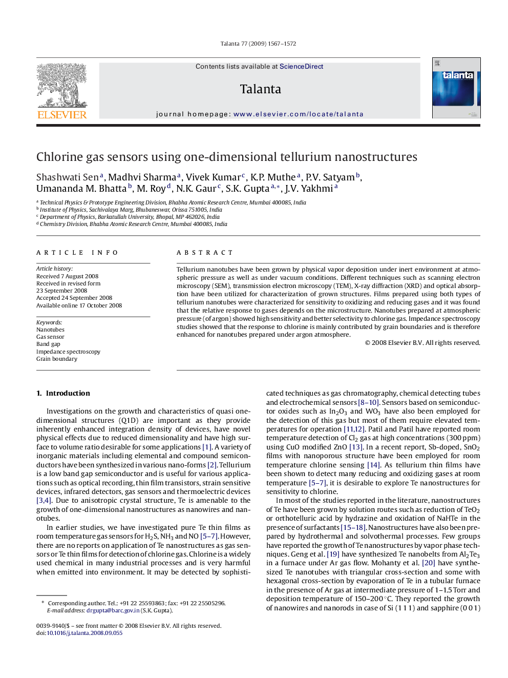 Chlorine gas sensors using one-dimensional tellurium nanostructures