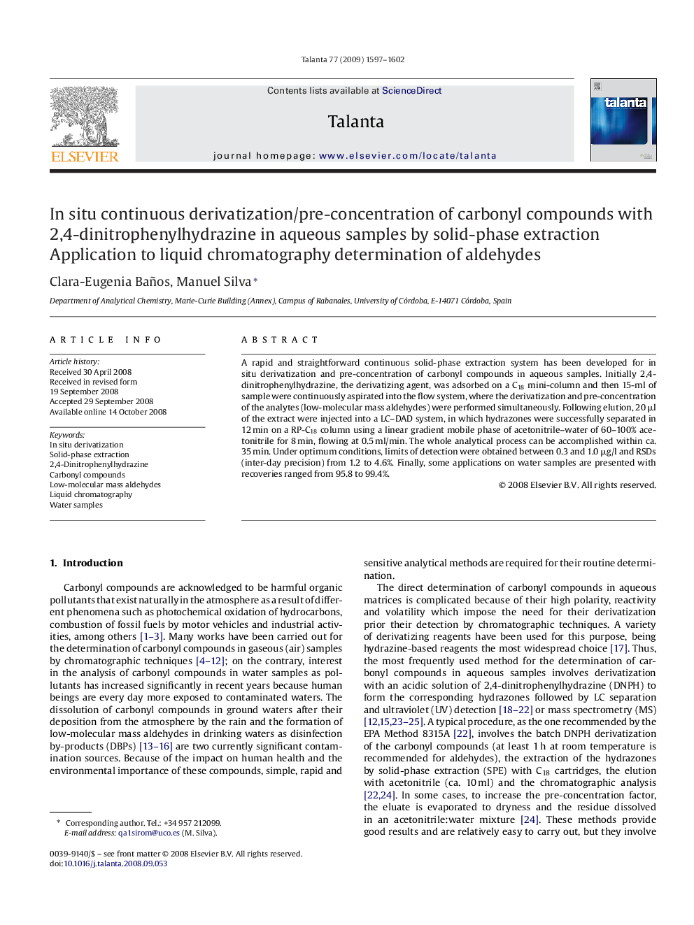 In situ continuous derivatization/pre-concentration of carbonyl compounds with 2,4-dinitrophenylhydrazine in aqueous samples by solid-phase extraction: Application to liquid chromatography determination of aldehydes