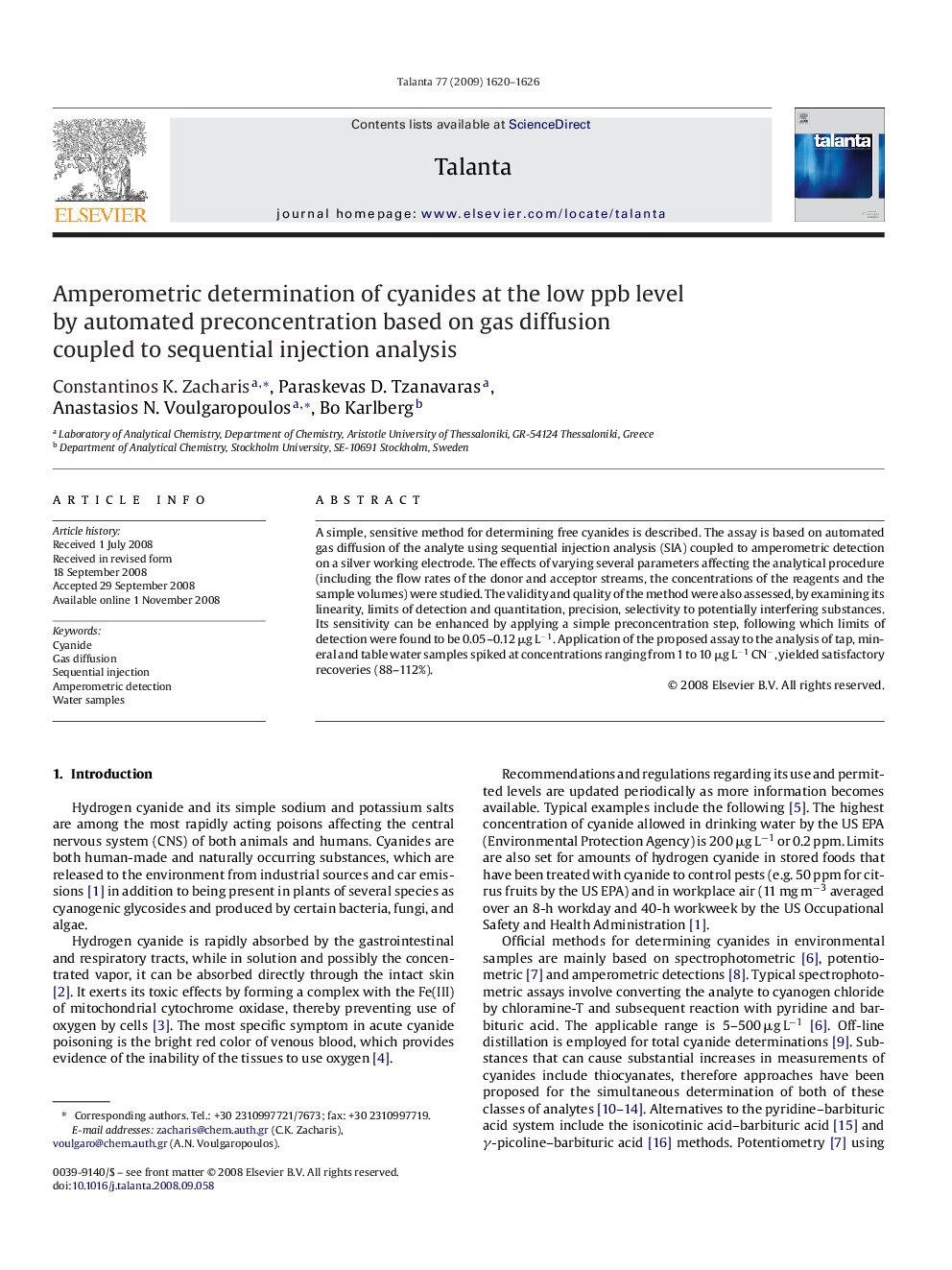 Amperometric determination of cyanides at the low ppb level by automated preconcentration based on gas diffusion coupled to sequential injection analysis