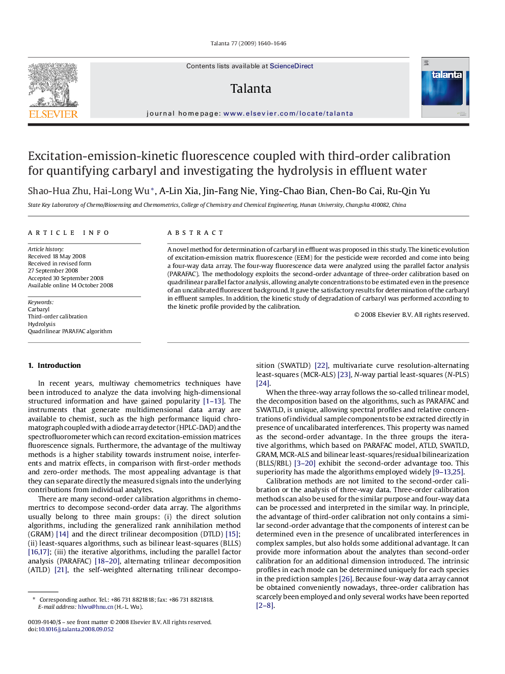 Excitation-emission-kinetic fluorescence coupled with third-order calibration for quantifying carbaryl and investigating the hydrolysis in effluent water