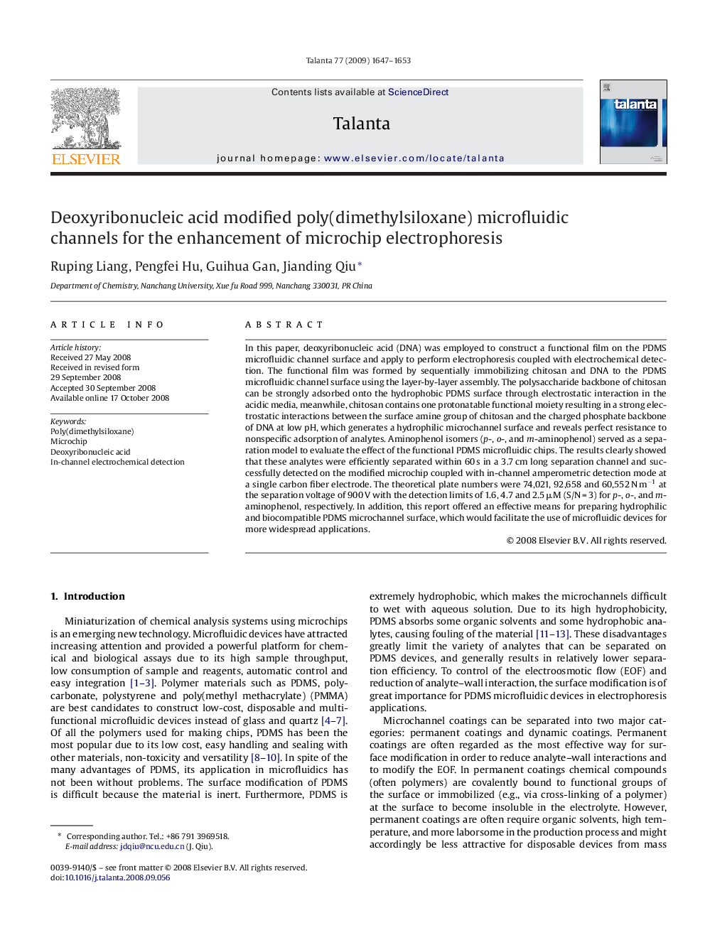 Deoxyribonucleic acid modified poly(dimethylsiloxane) microfluidic channels for the enhancement of microchip electrophoresis