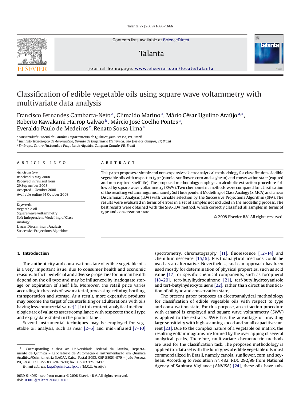 Classification of edible vegetable oils using square wave voltammetry with multivariate data analysis