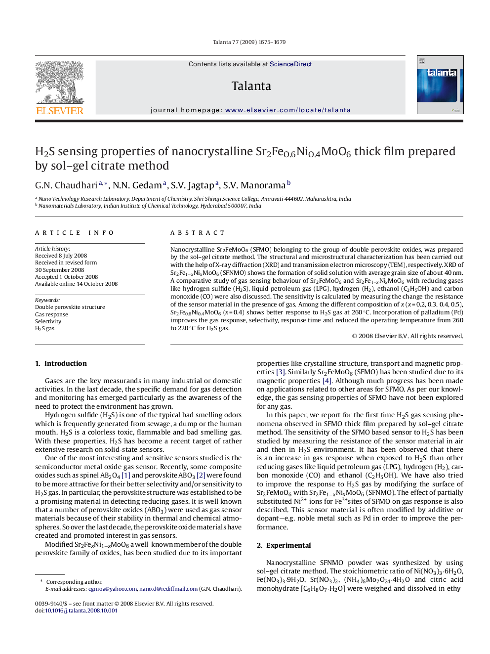 H2S sensing properties of nanocrystalline Sr2FeO.6NiO.4MoO6 thick film prepared by sol–gel citrate method