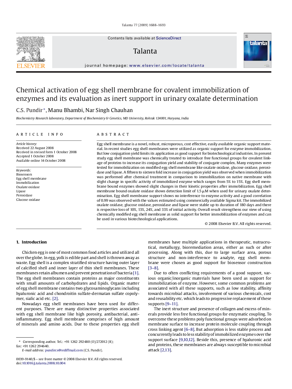 Chemical activation of egg shell membrane for covalent immobilization of enzymes and its evaluation as inert support in urinary oxalate determination