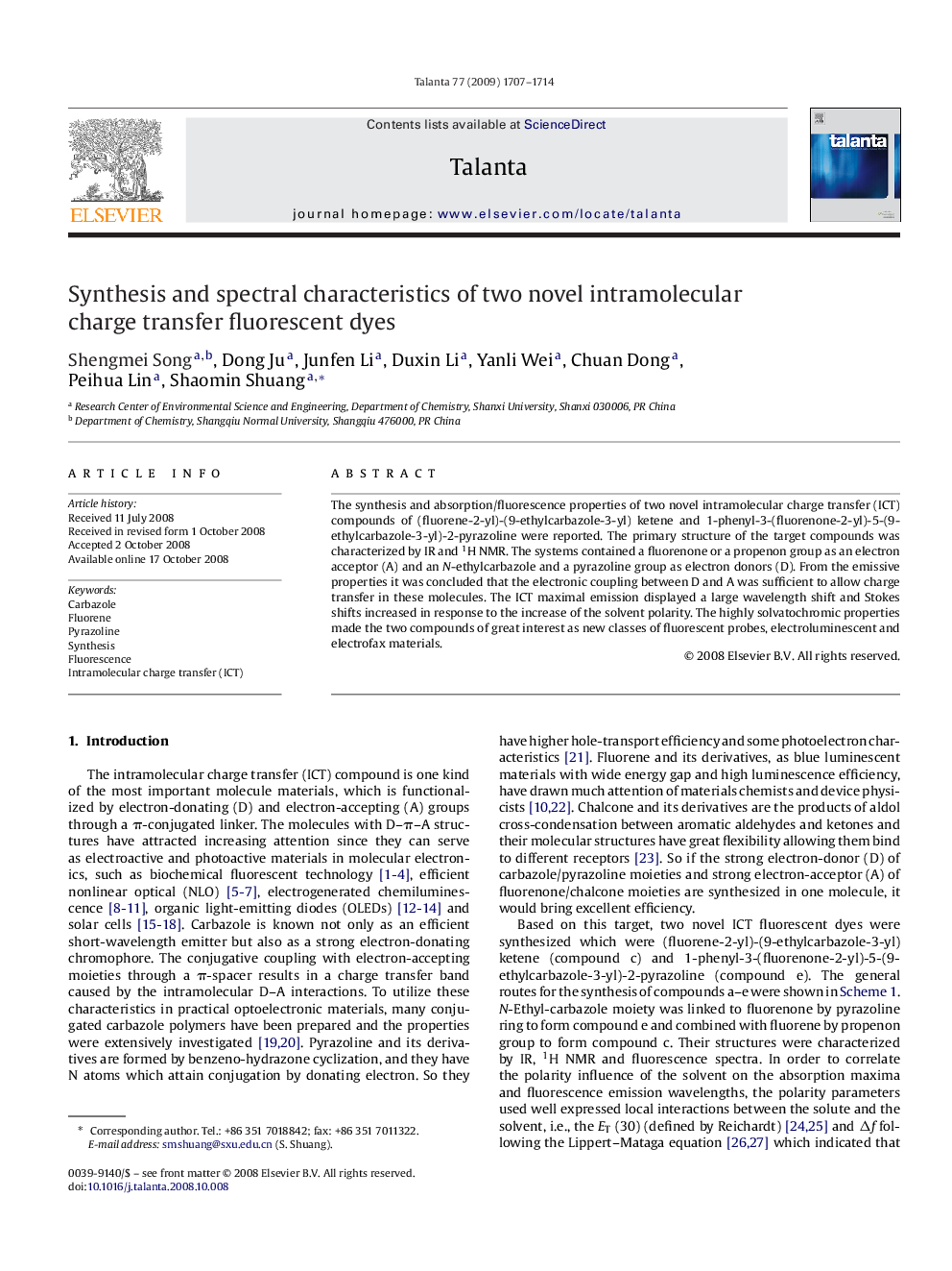 Synthesis and spectral characteristics of two novel intramolecular charge transfer fluorescent dyes