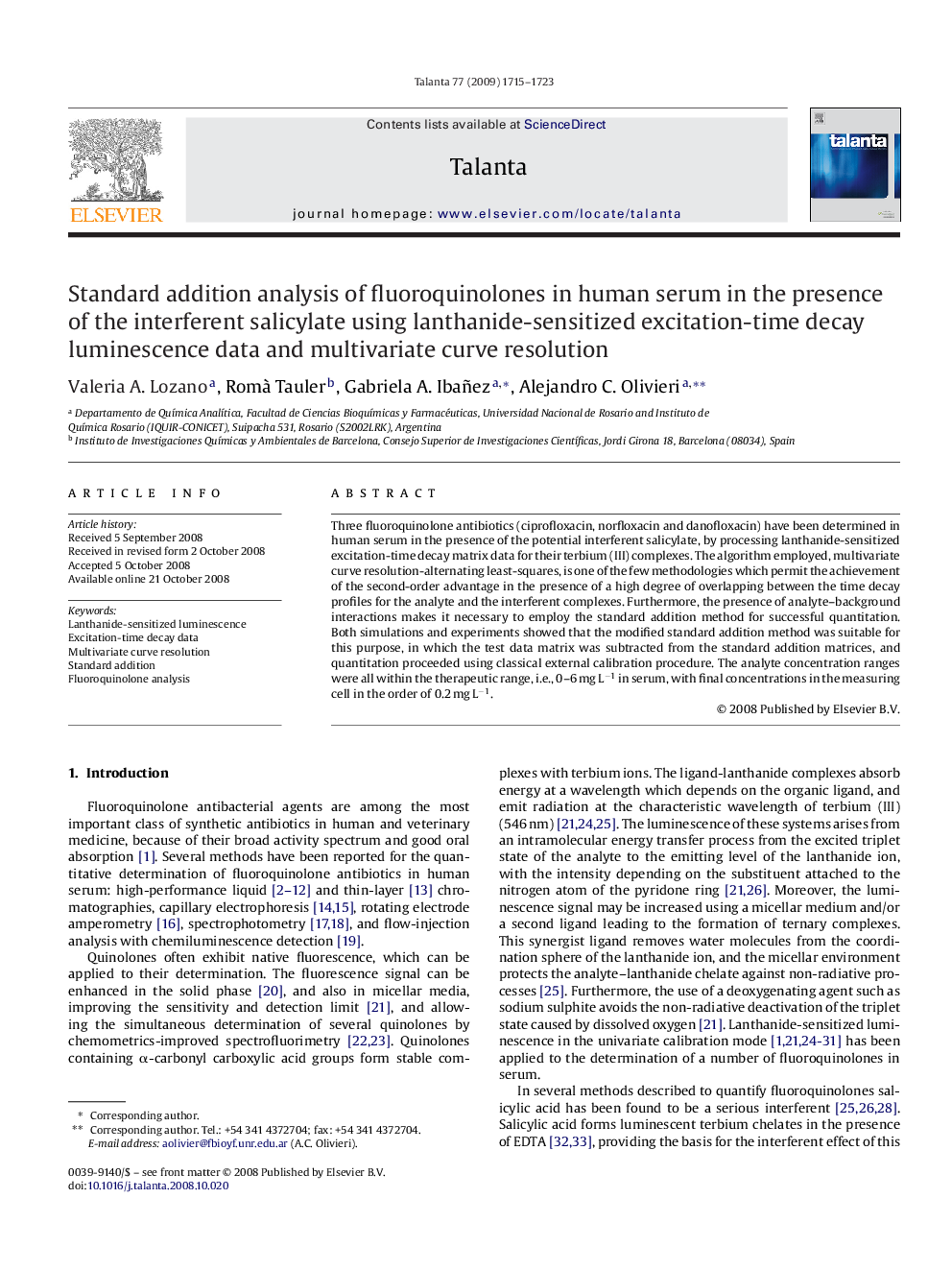 Standard addition analysis of fluoroquinolones in human serum in the presence of the interferent salicylate using lanthanide-sensitized excitation-time decay luminescence data and multivariate curve resolution