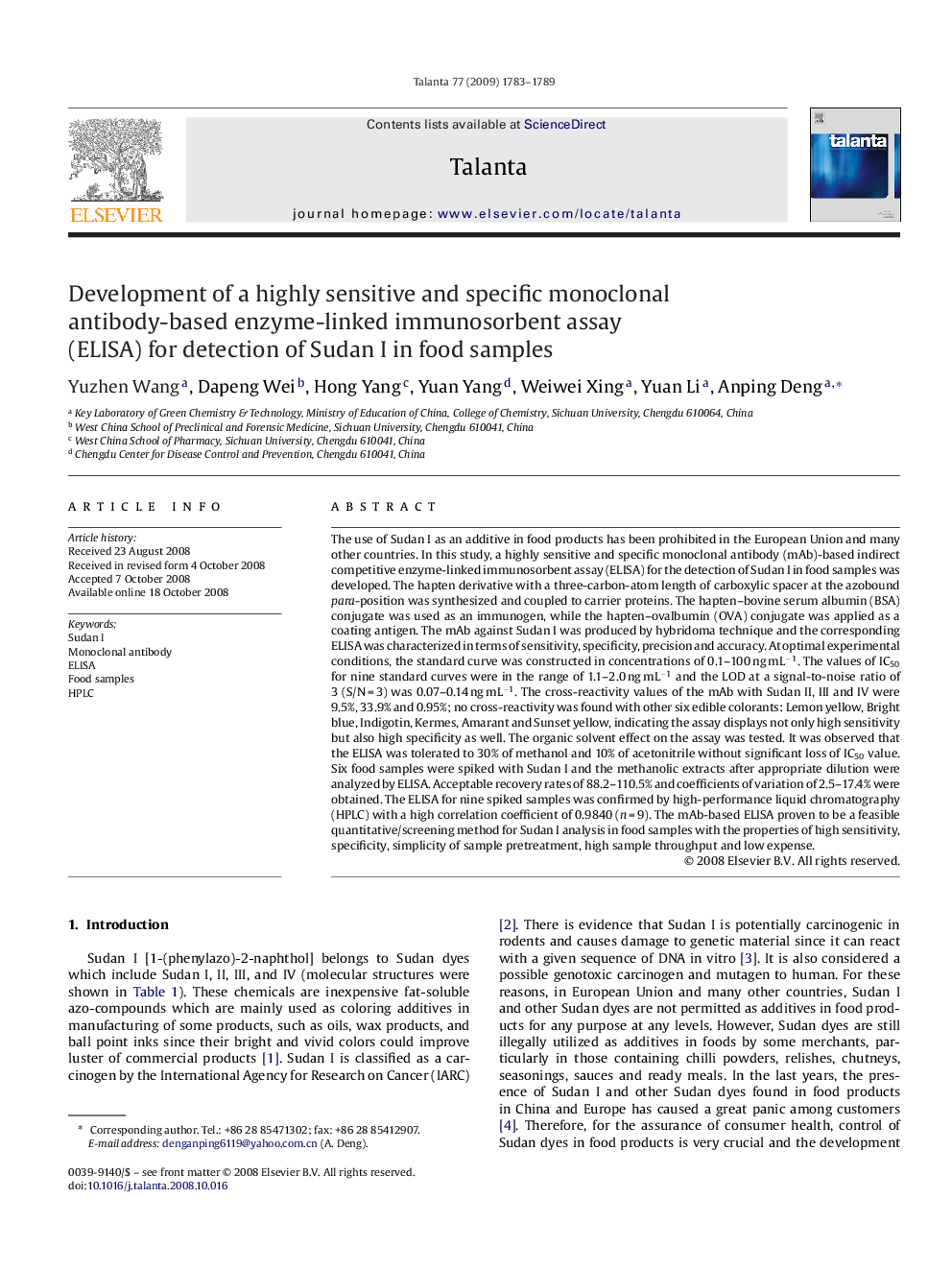 Development of a highly sensitive and specific monoclonal antibody-based enzyme-linked immunosorbent assay (ELISA) for detection of Sudan I in food samples