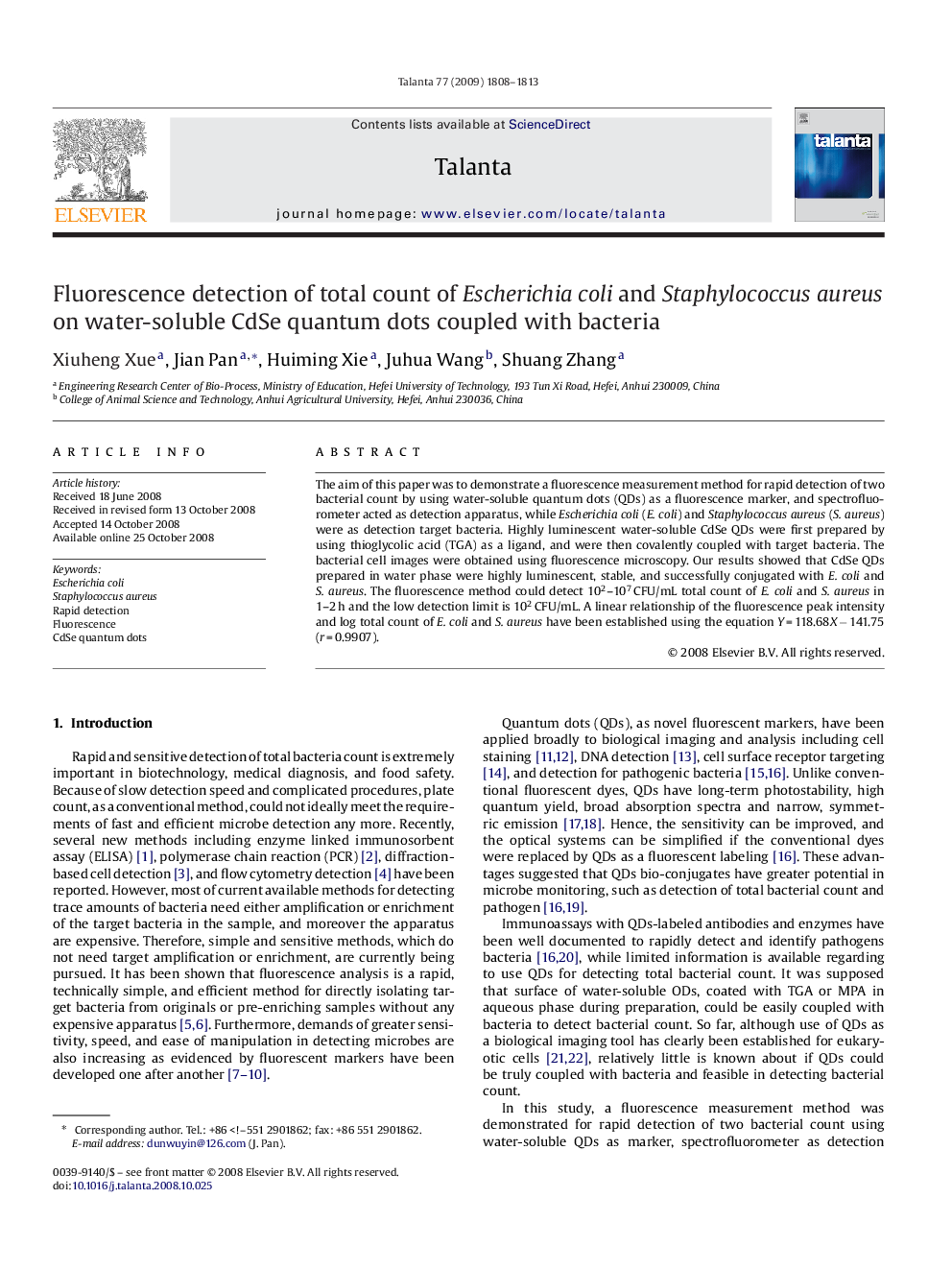 Fluorescence detection of total count of Escherichia coli and Staphylococcus aureus on water-soluble CdSe quantum dots coupled with bacteria