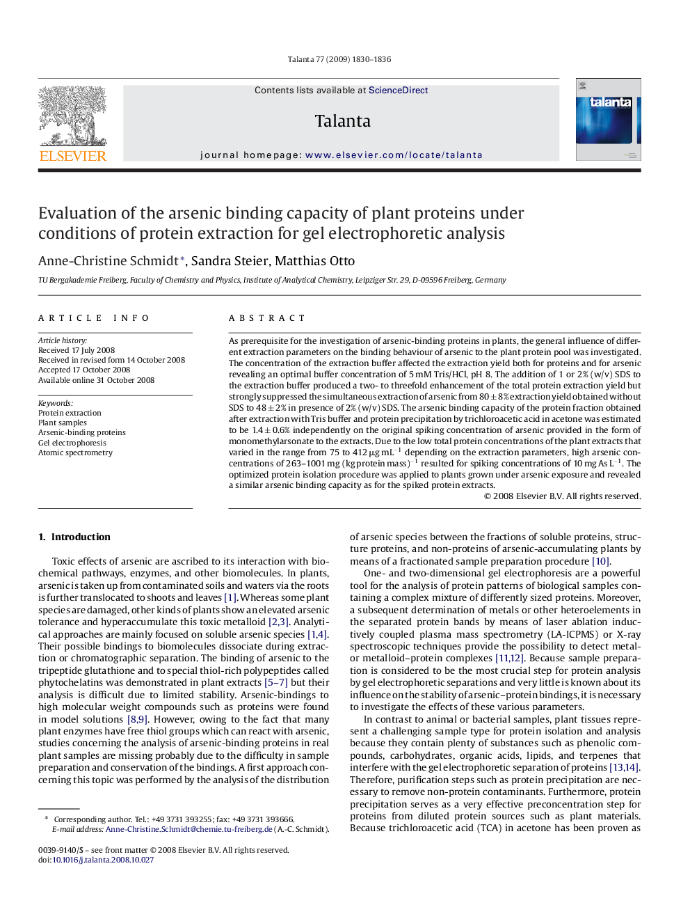 Evaluation of the arsenic binding capacity of plant proteins under conditions of protein extraction for gel electrophoretic analysis