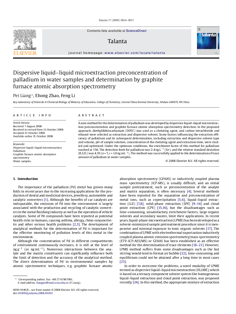 Dispersive liquid–liquid microextraction preconcentration of palladium in water samples and determination by graphite furnace atomic absorption spectrometry