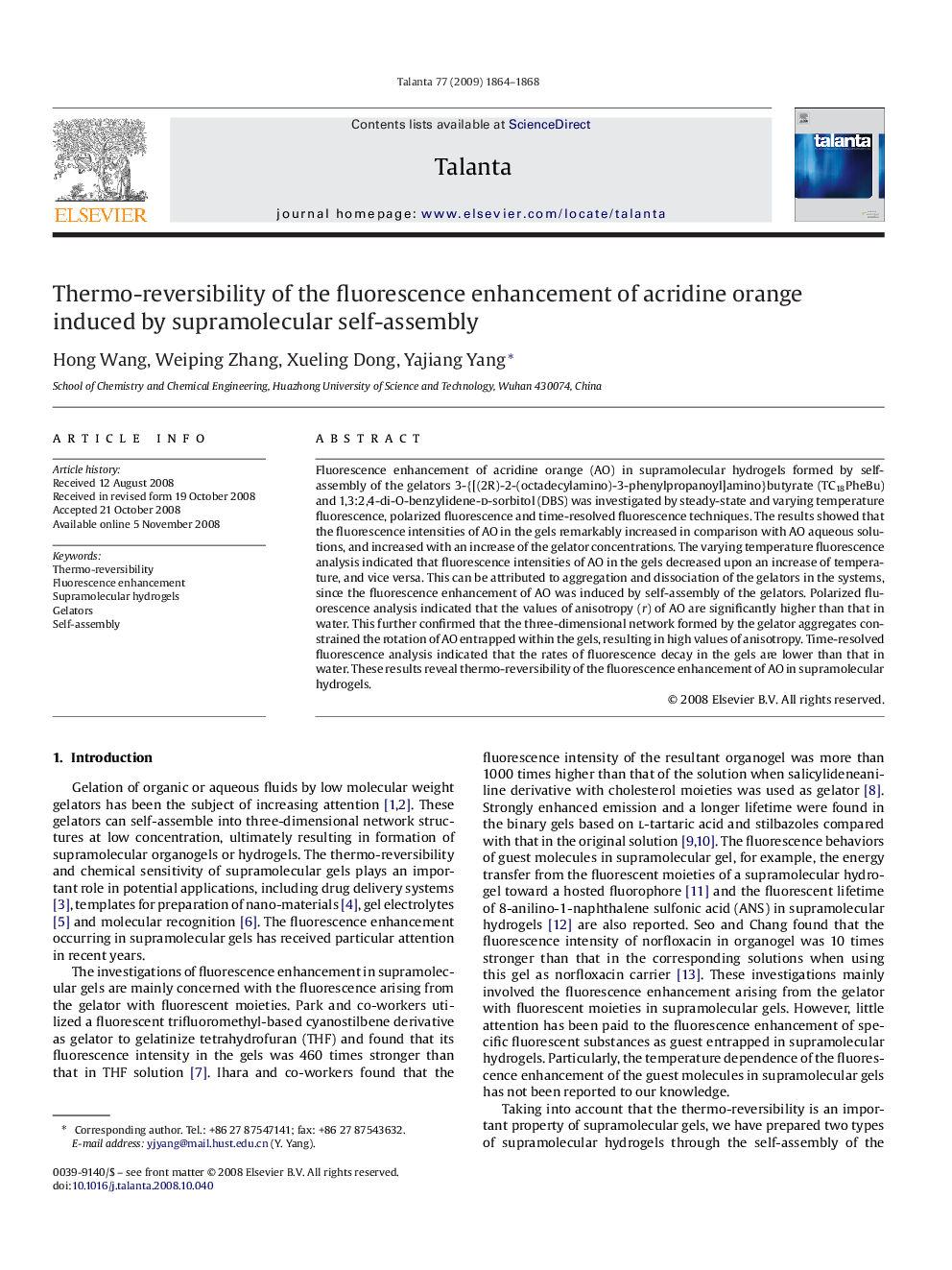 Thermo-reversibility of the fluorescence enhancement of acridine orange induced by supramolecular self-assembly