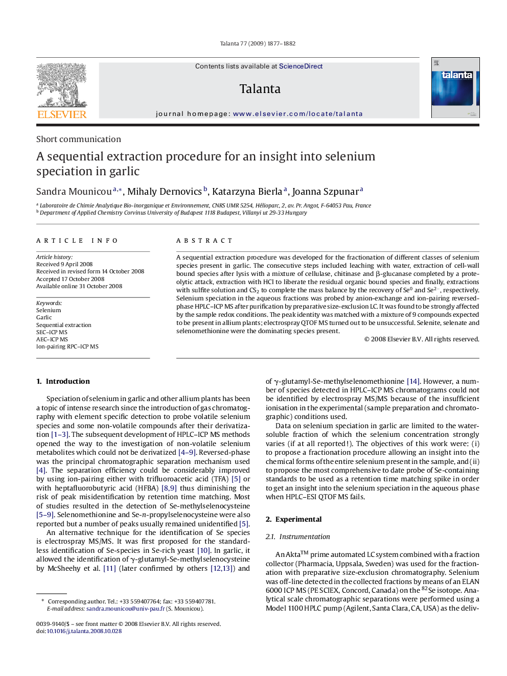 A sequential extraction procedure for an insight into selenium speciation in garlic