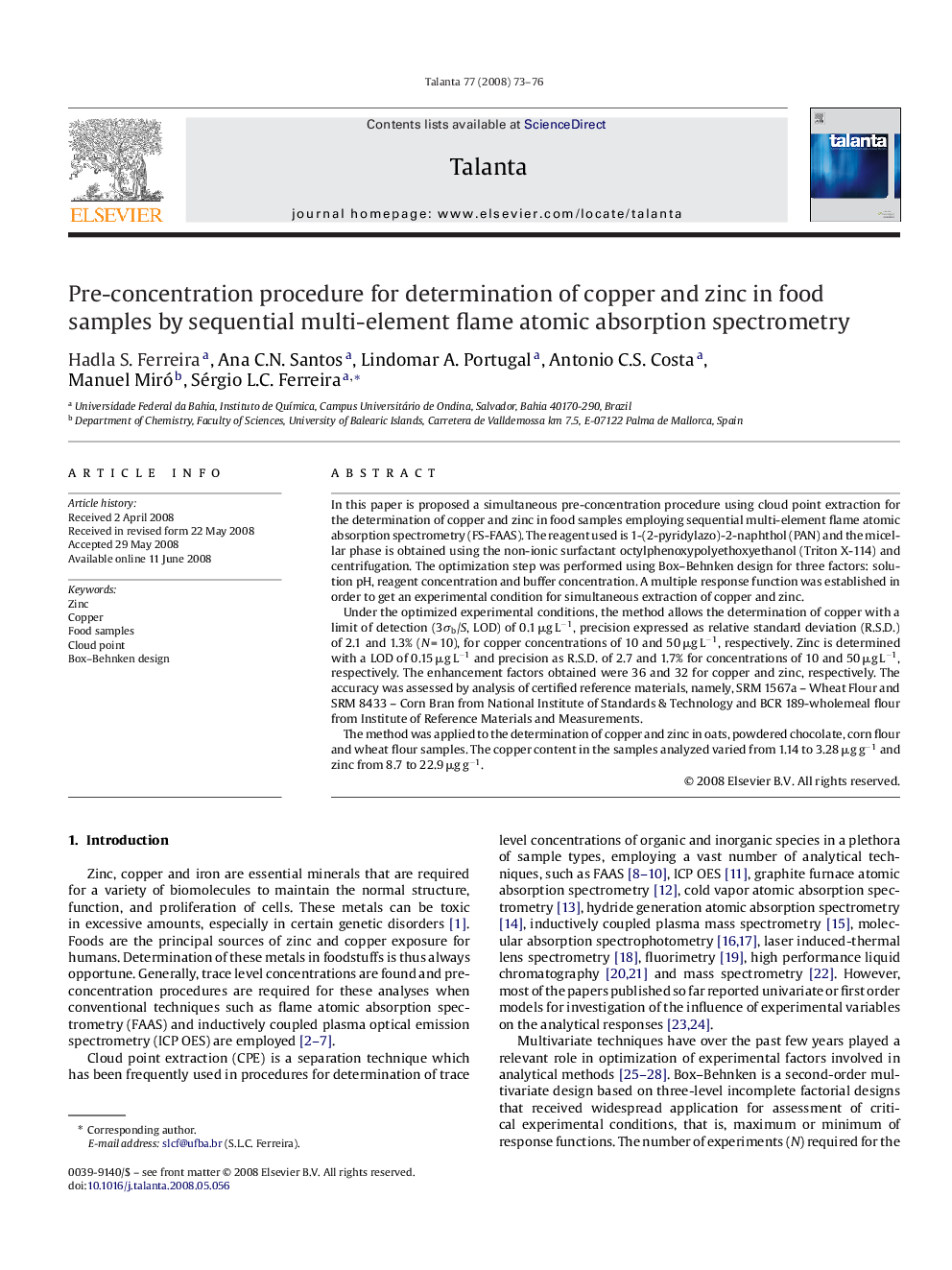 Pre-concentration procedure for determination of copper and zinc in food samples by sequential multi-element flame atomic absorption spectrometry