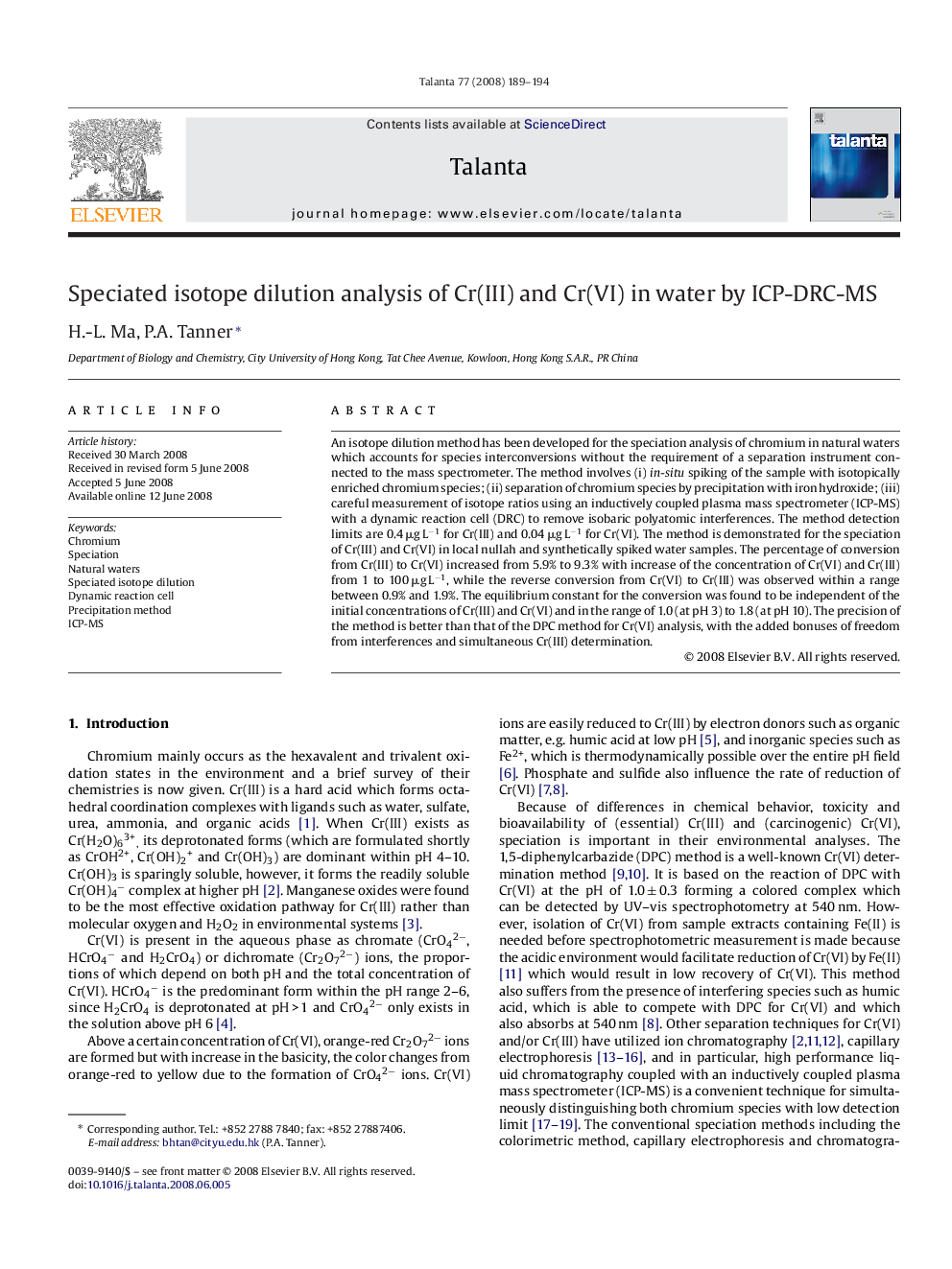 Speciated isotope dilution analysis of Cr(III) and Cr(VI) in water by ICP-DRC-MS