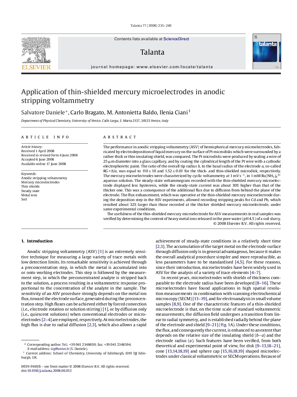 Application of thin-shielded mercury microelectrodes in anodic stripping voltammetry