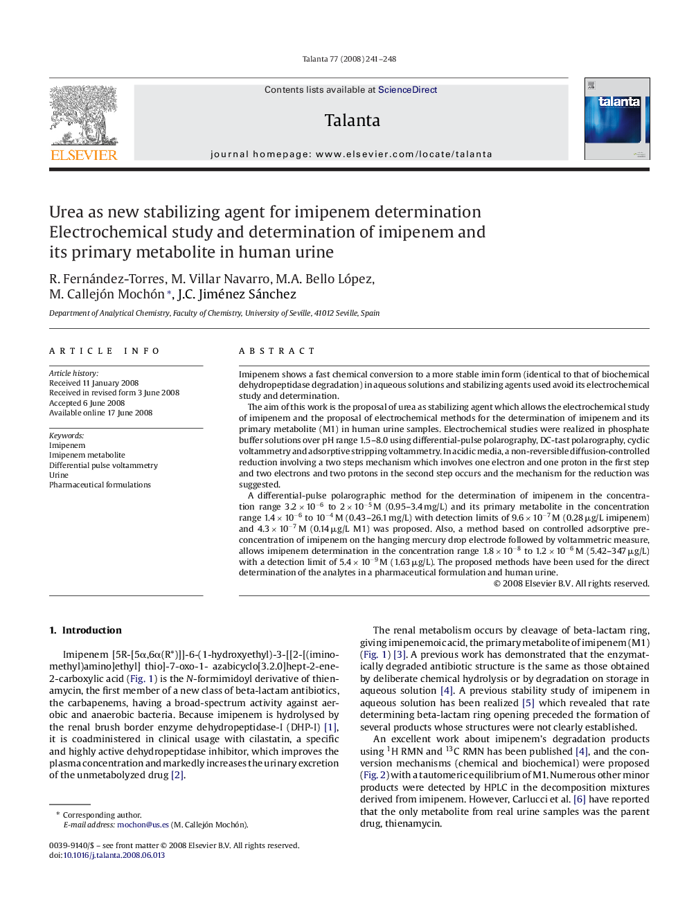 Urea as new stabilizing agent for imipenem determination: Electrochemical study and determination of imipenem and its primary metabolite in human urine