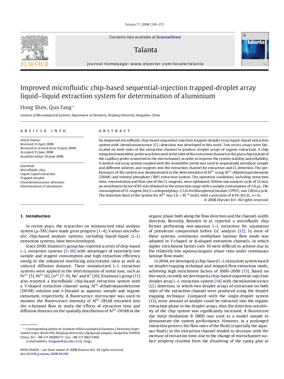 Improved microfluidic chip-based sequential-injection trapped-droplet array liquid–liquid extraction system for determination of aluminium