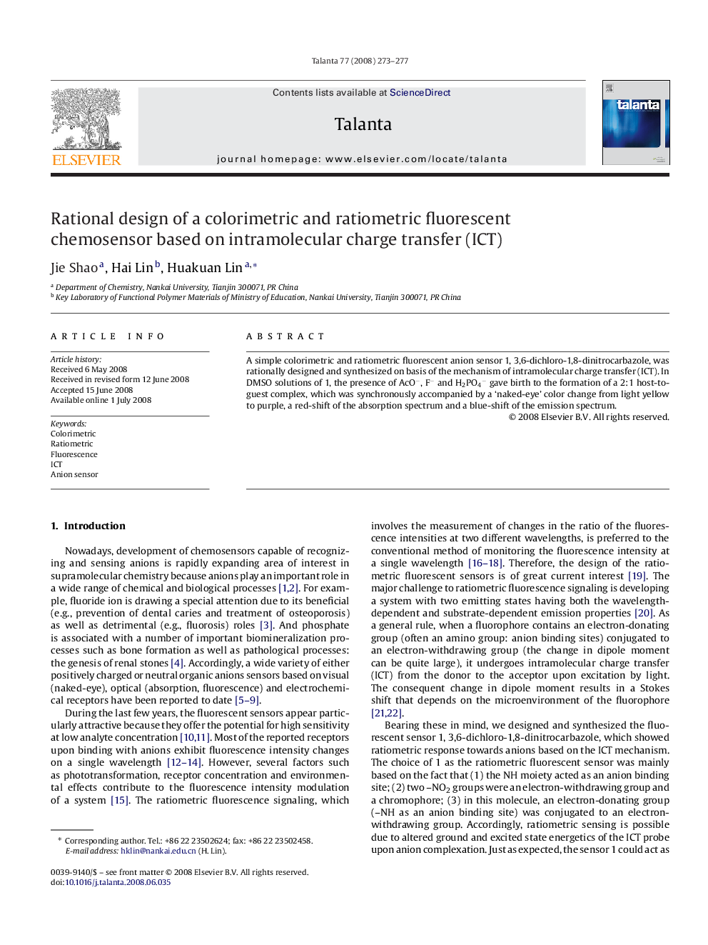 Rational design of a colorimetric and ratiometric fluorescent chemosensor based on intramolecular charge transfer (ICT)