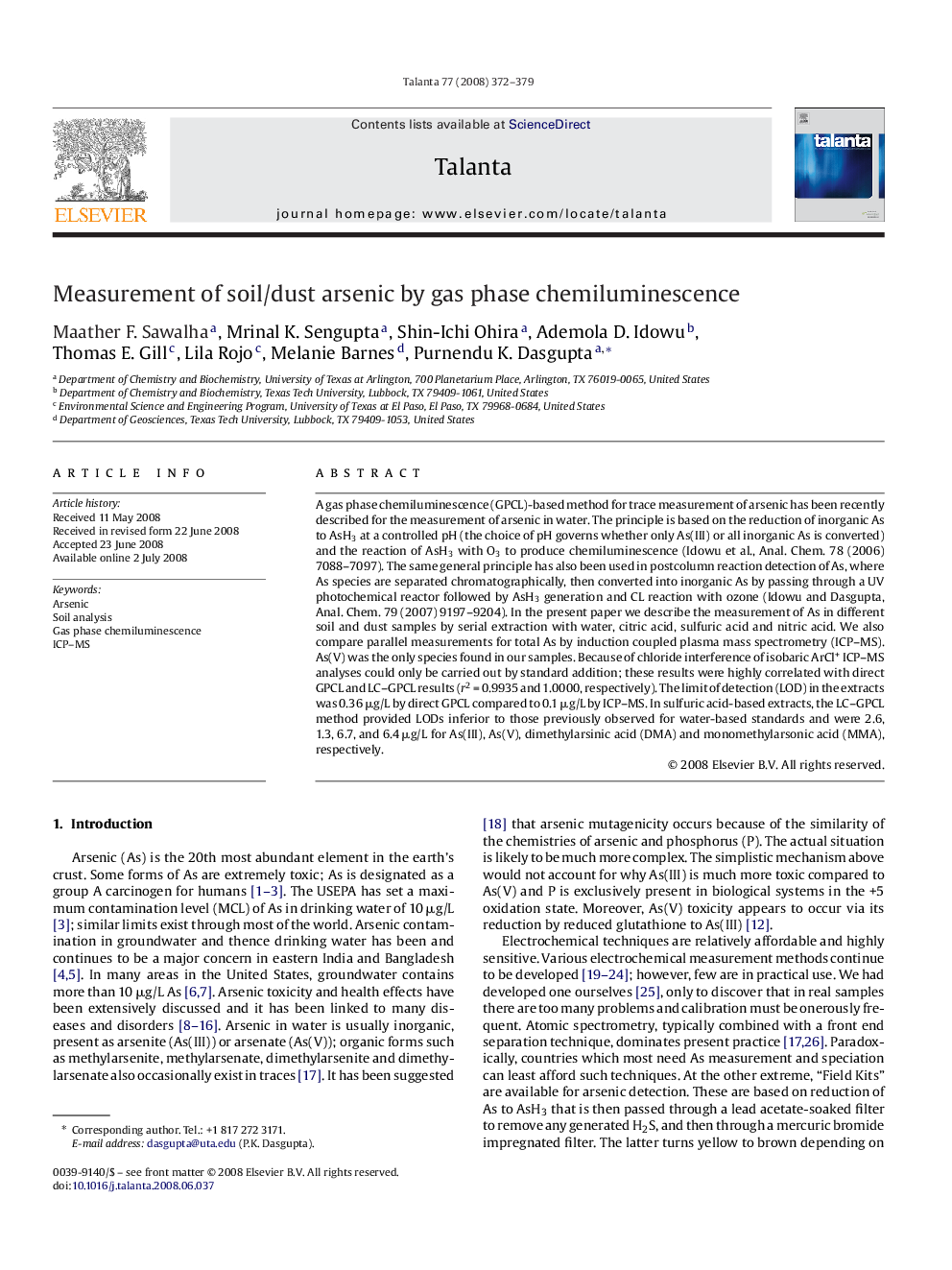 Measurement of soil/dust arsenic by gas phase chemiluminescence