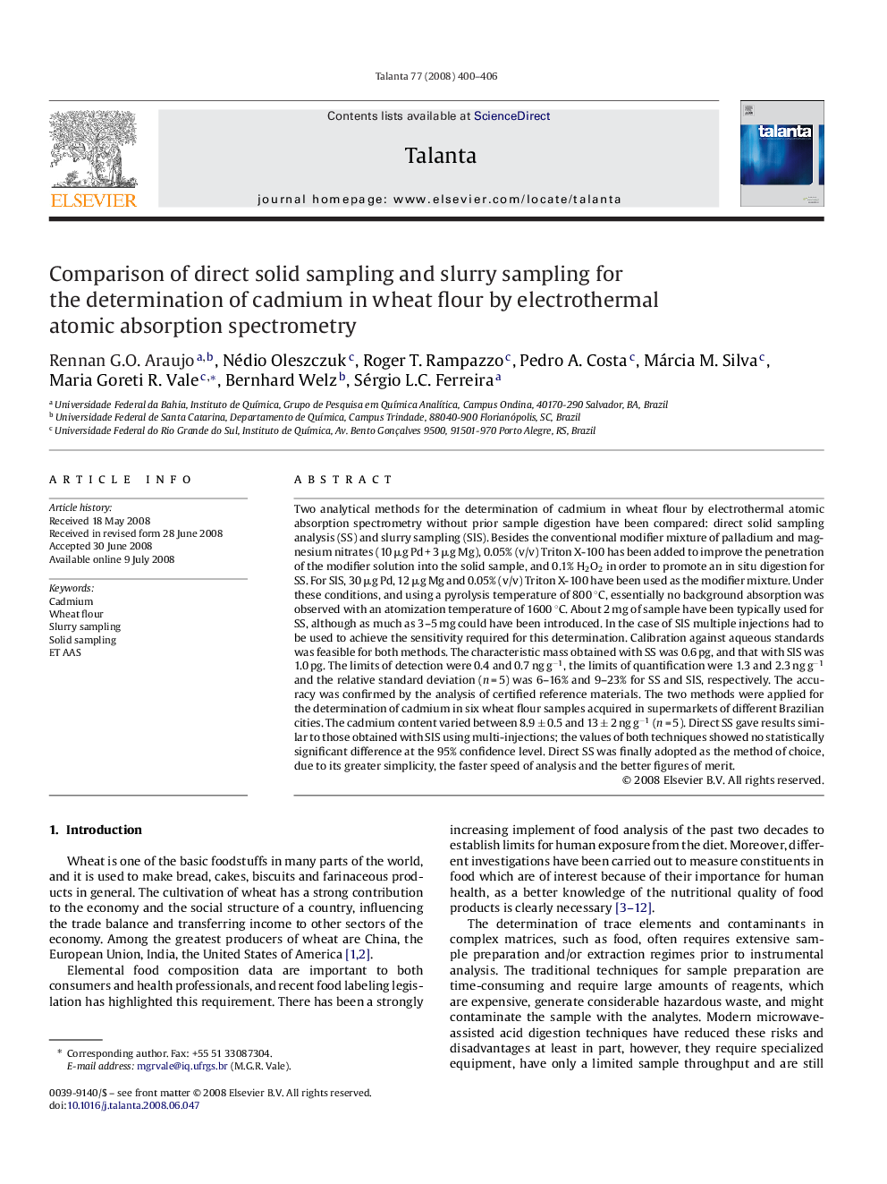 Comparison of direct solid sampling and slurry sampling for the determination of cadmium in wheat flour by electrothermal atomic absorption spectrometry